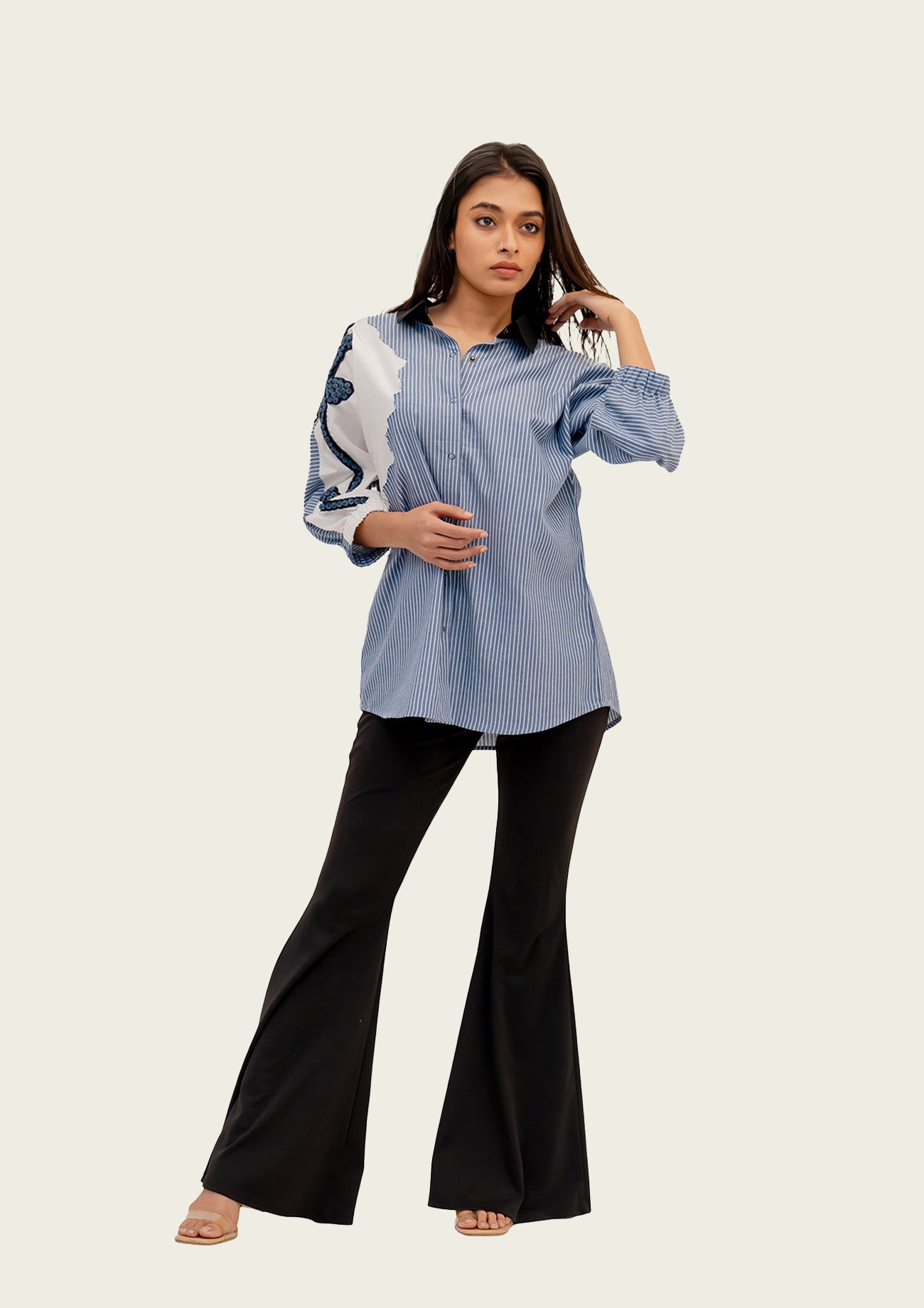 Blue Stripe and White Cotton Shirt with Embroidery