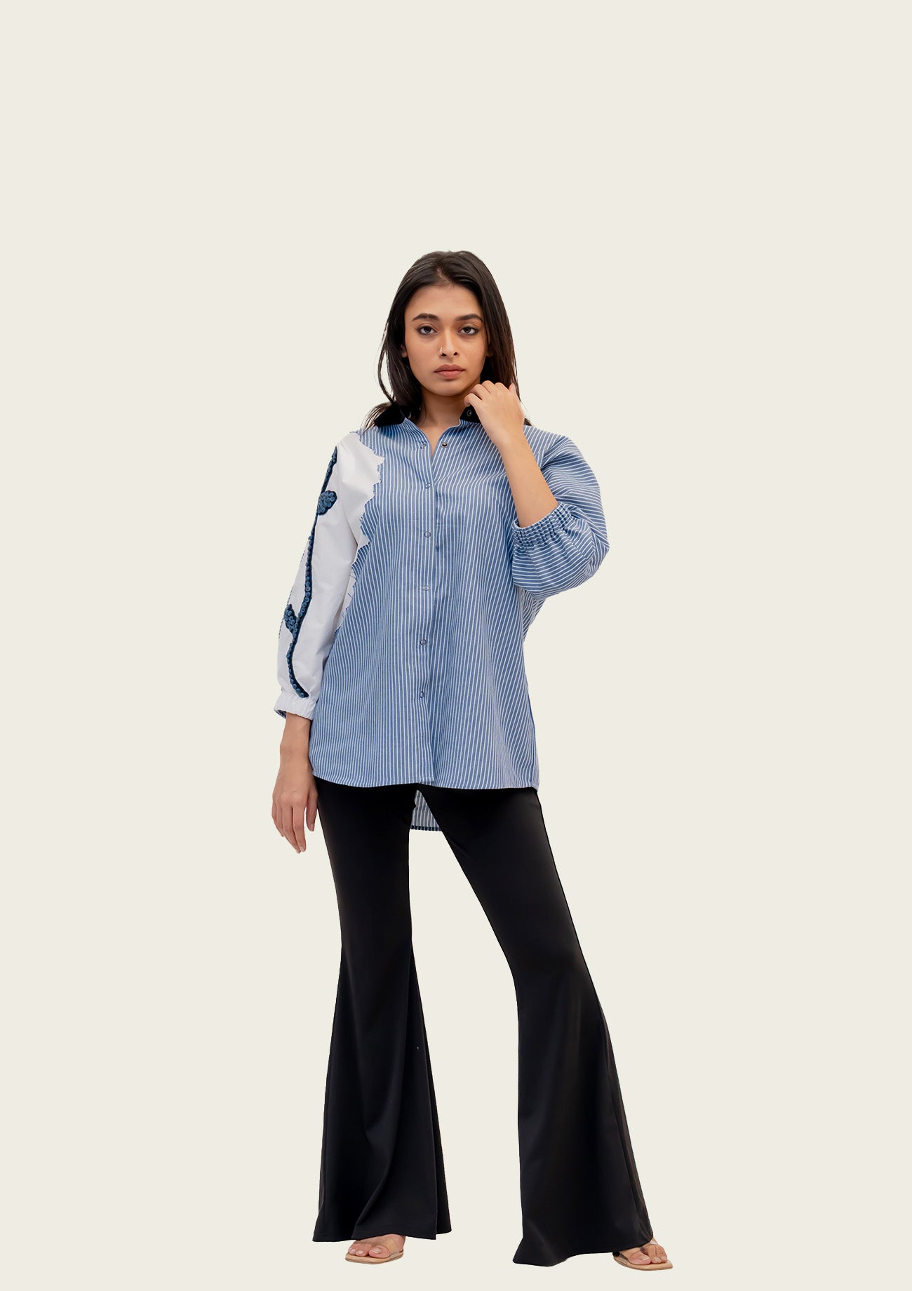 Blue Stripe and White Cotton Shirt with Embroidery