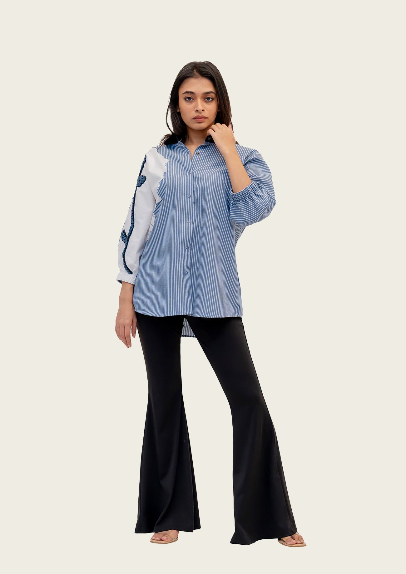 Blue Stripe and White Cotton Shirt with Embroidery