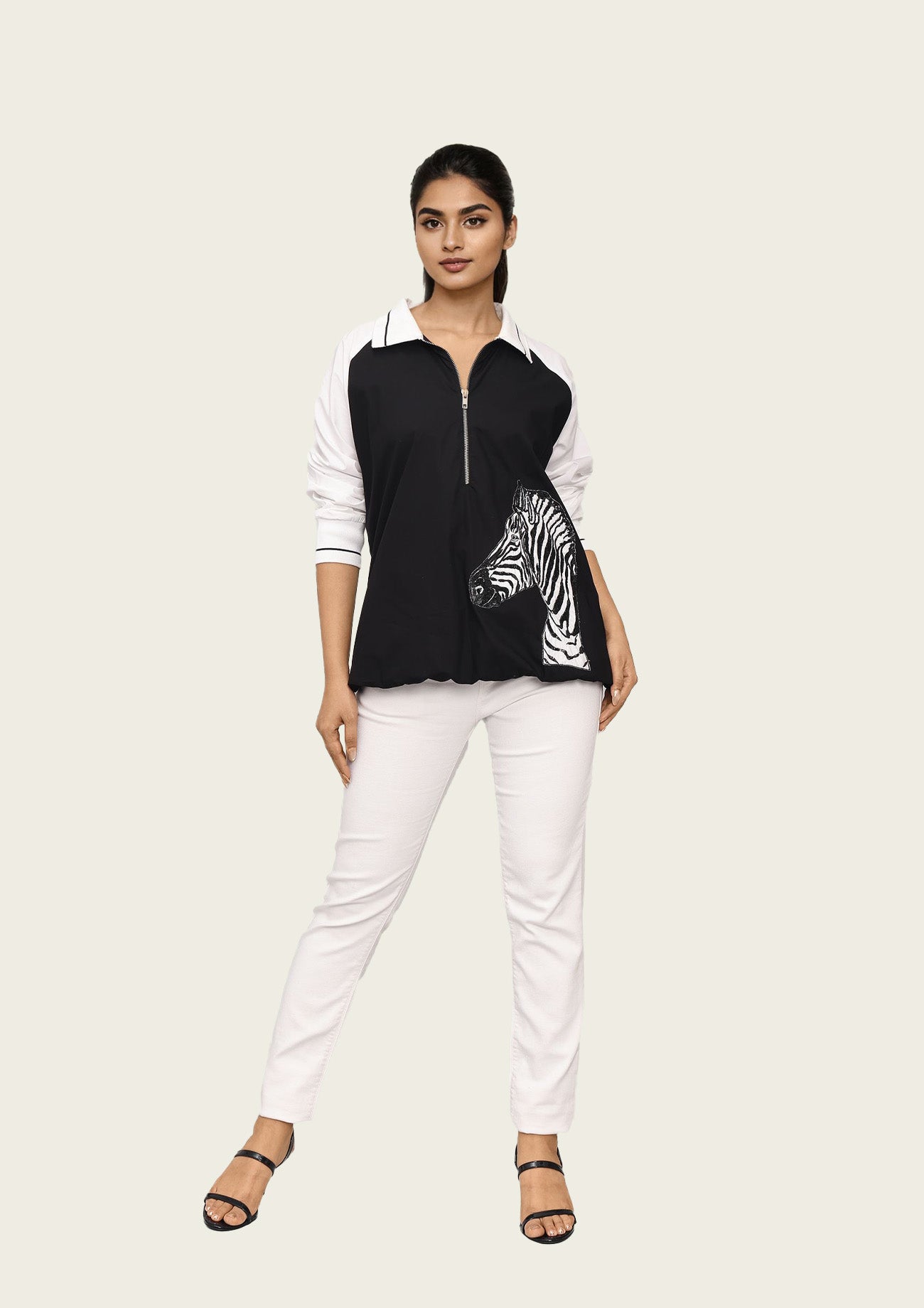 Black and White Cotton Bomber Shirt with Embroidery