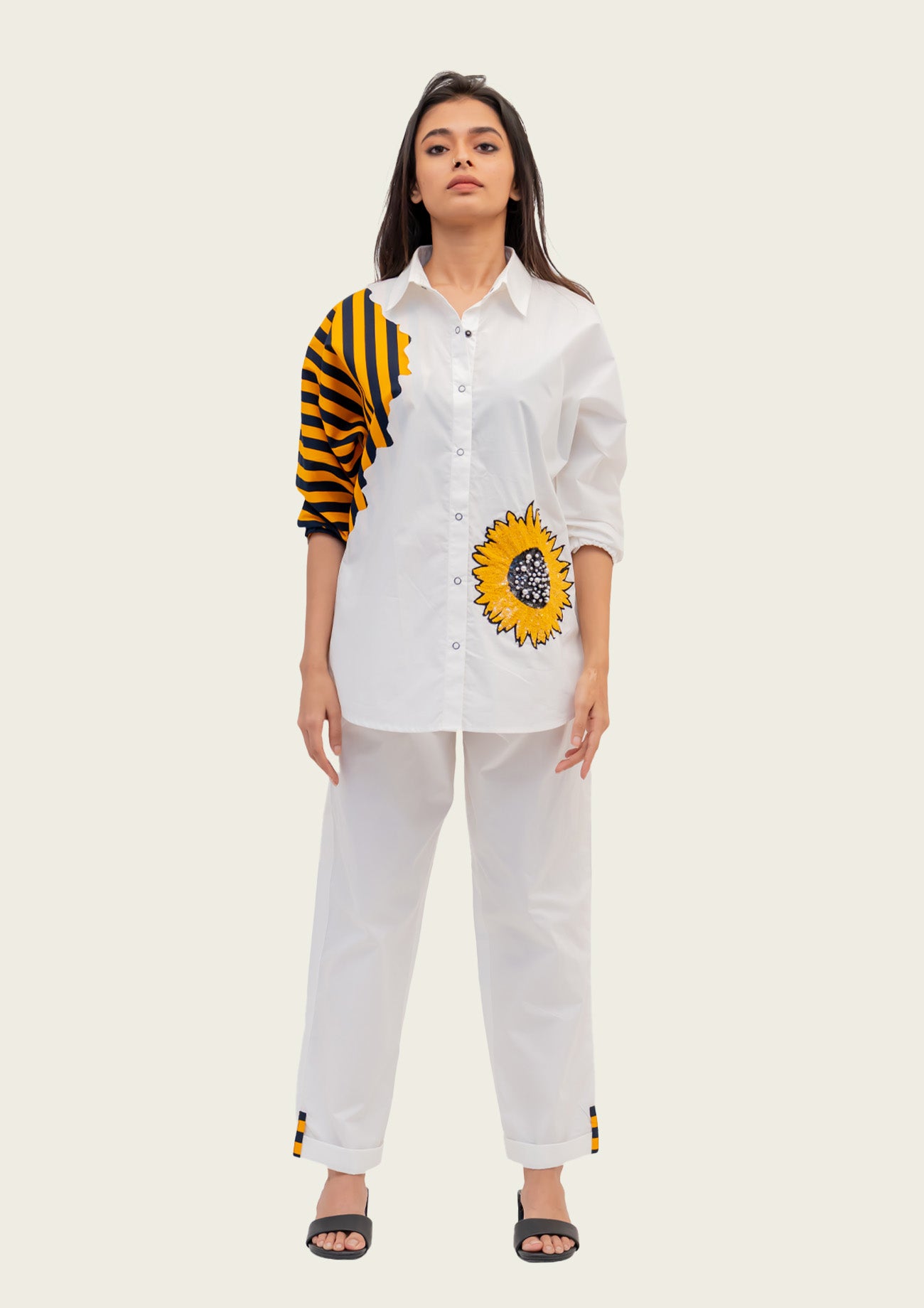 White Cotton Shirt and Pants Co-ord Set with Embroidery