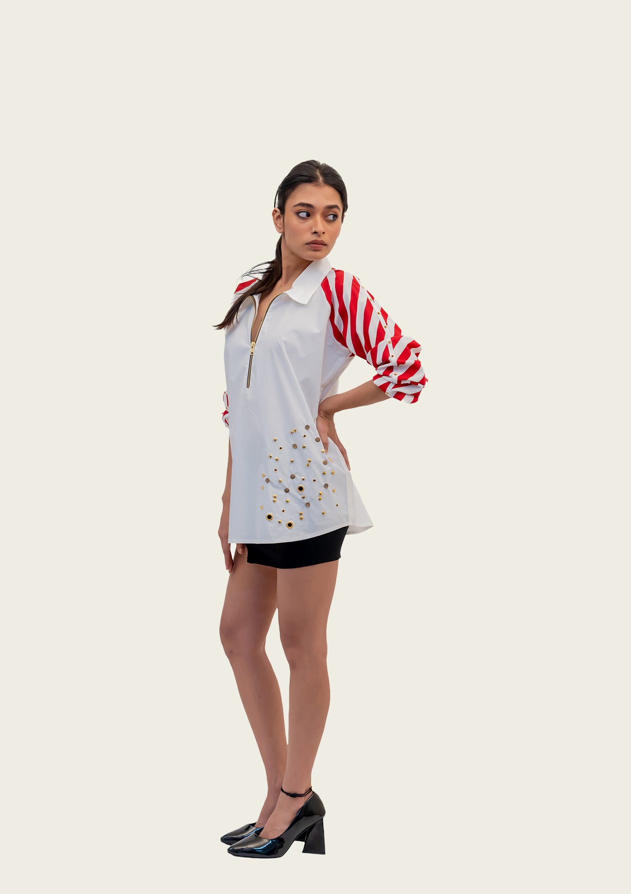 White Cotton Shirt with Contrast Sleeves and Embroidery