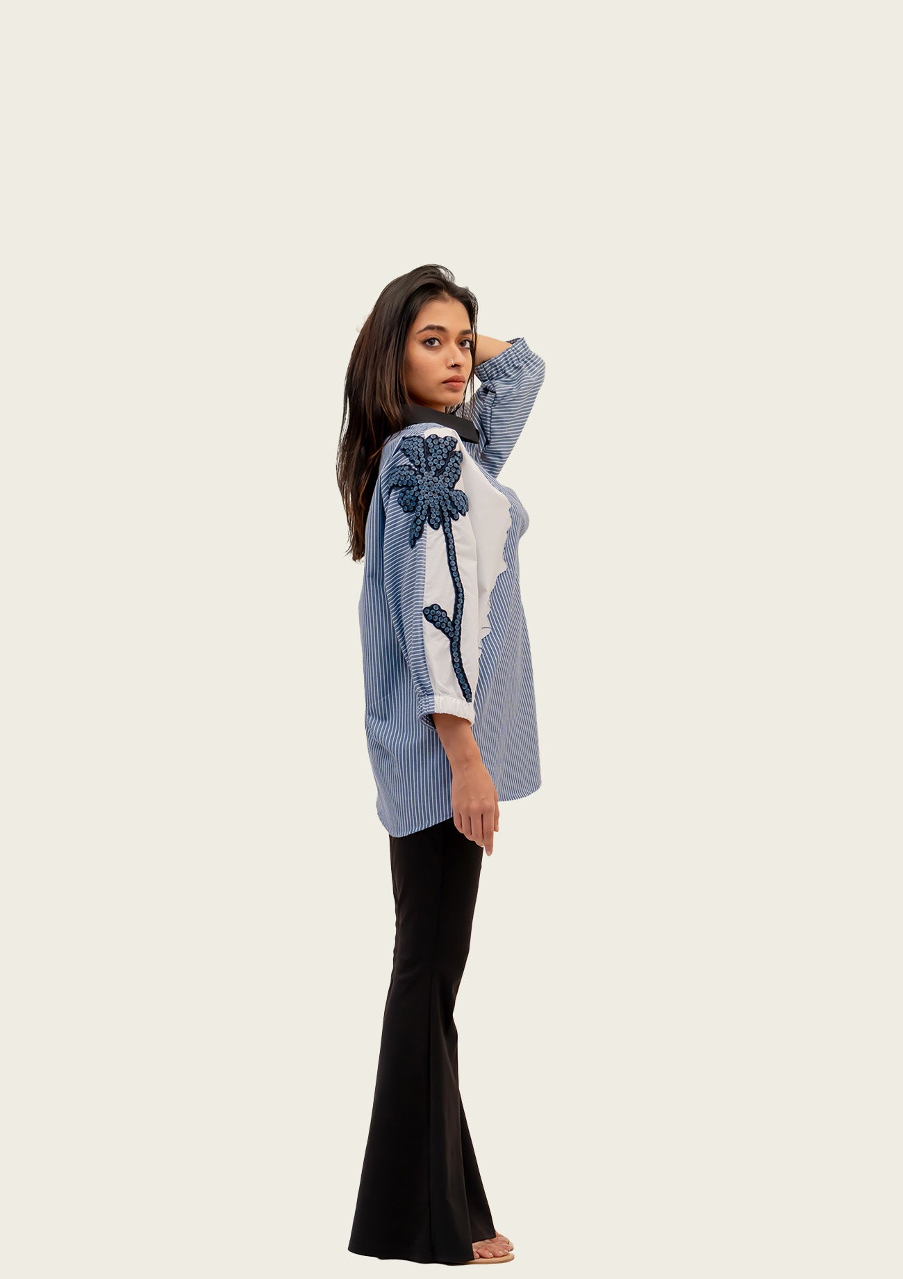 Blue Stripe and White Cotton Shirt with Embroidery
