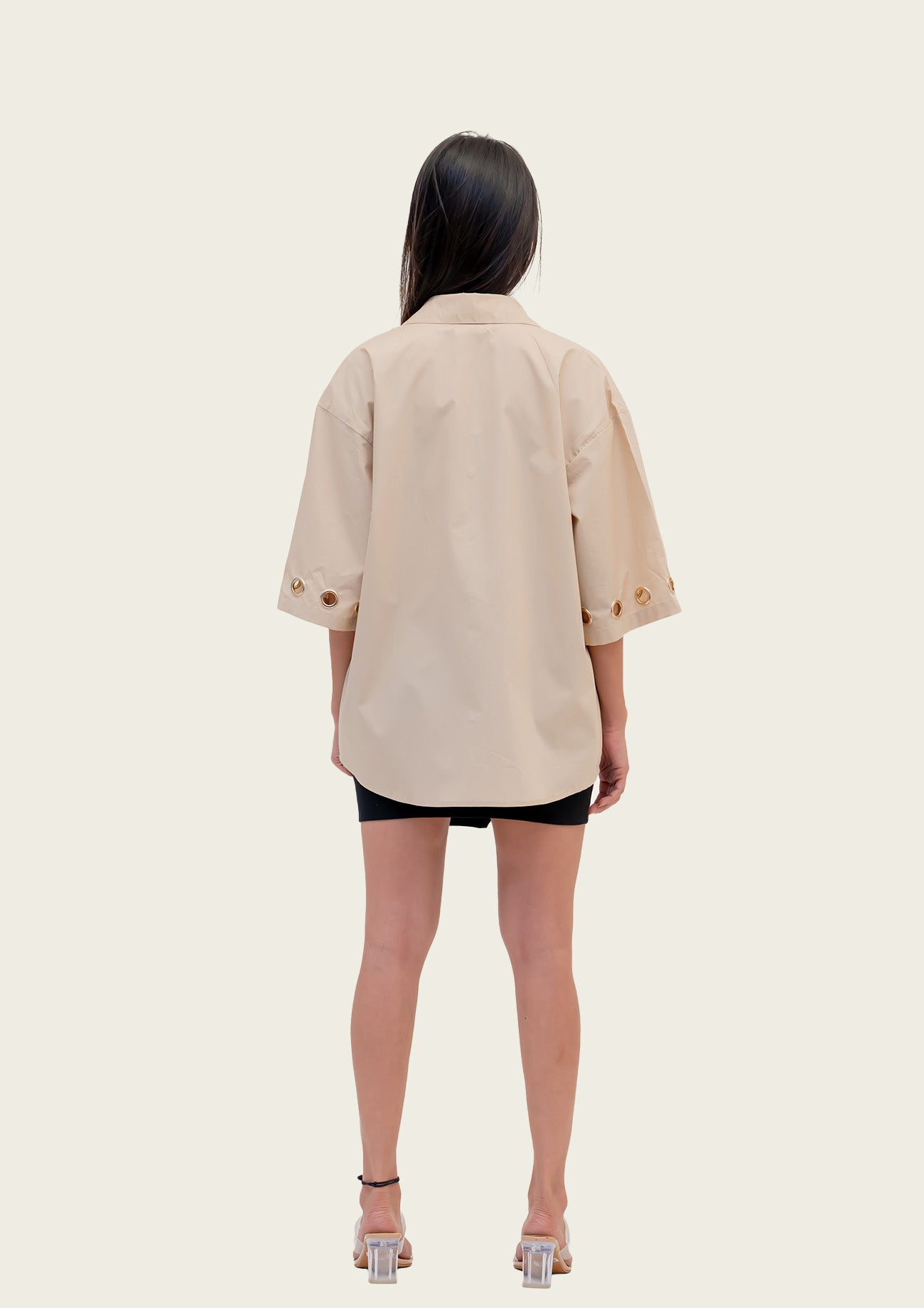 Beige Cotton Oversized Shirt with Embroidery