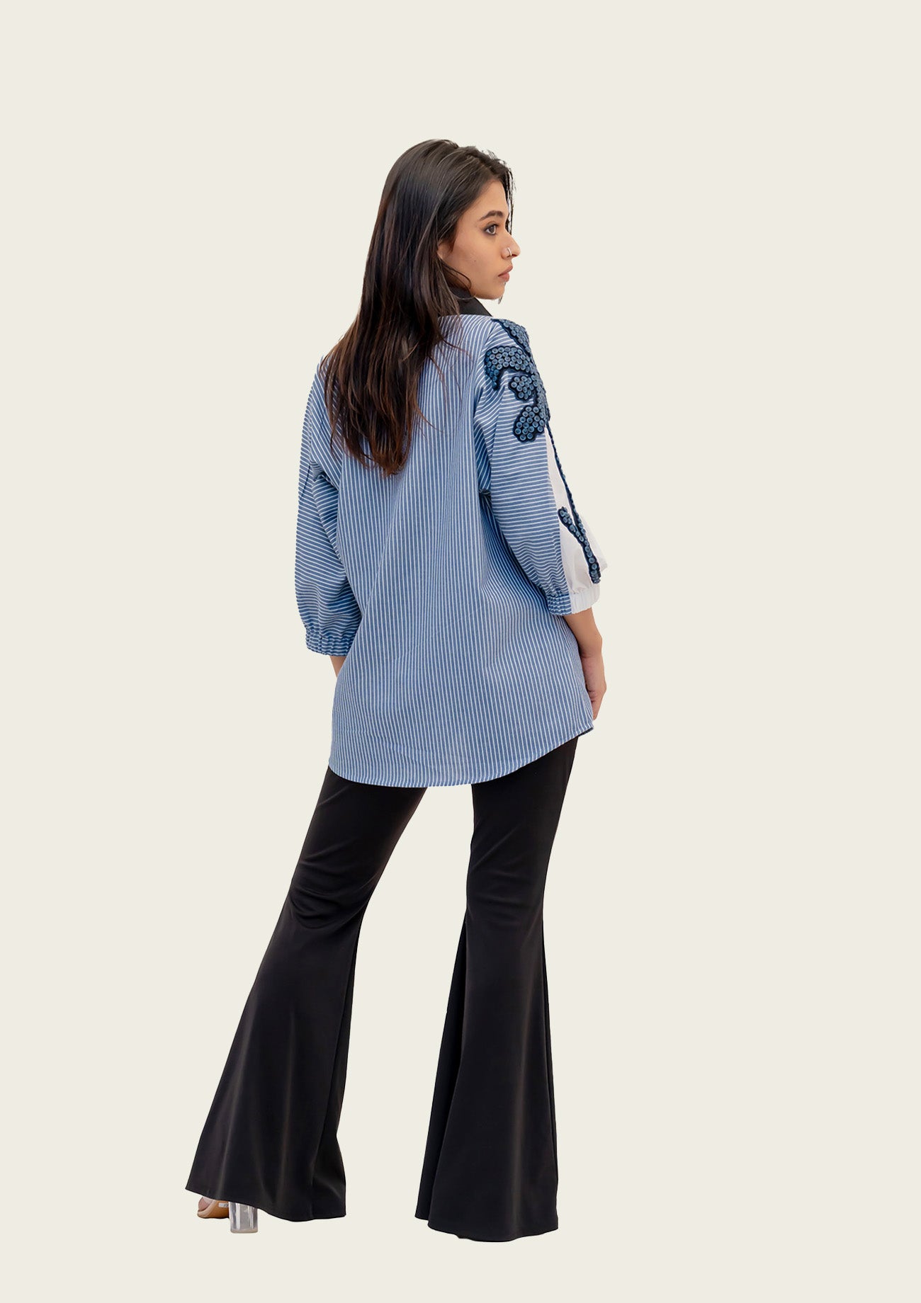 Blue Stripe and White Cotton Shirt with Embroidery