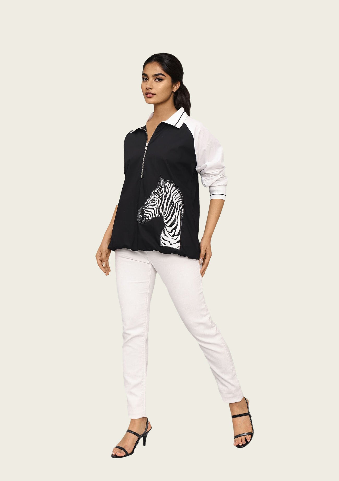 Black and White Cotton Bomber Shirt with Embroidery