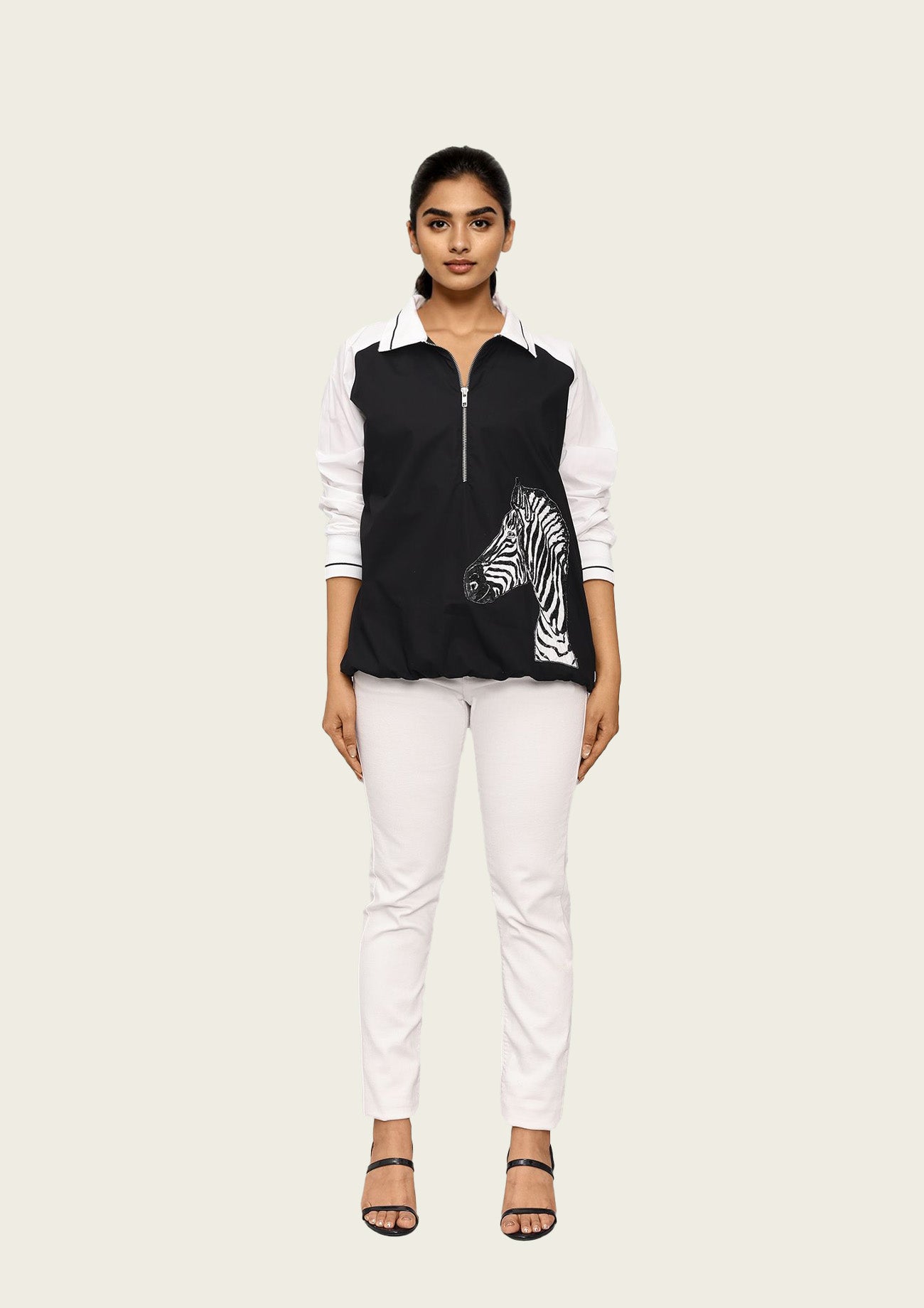 Black and White Cotton Bomber Shirt with Embroidery