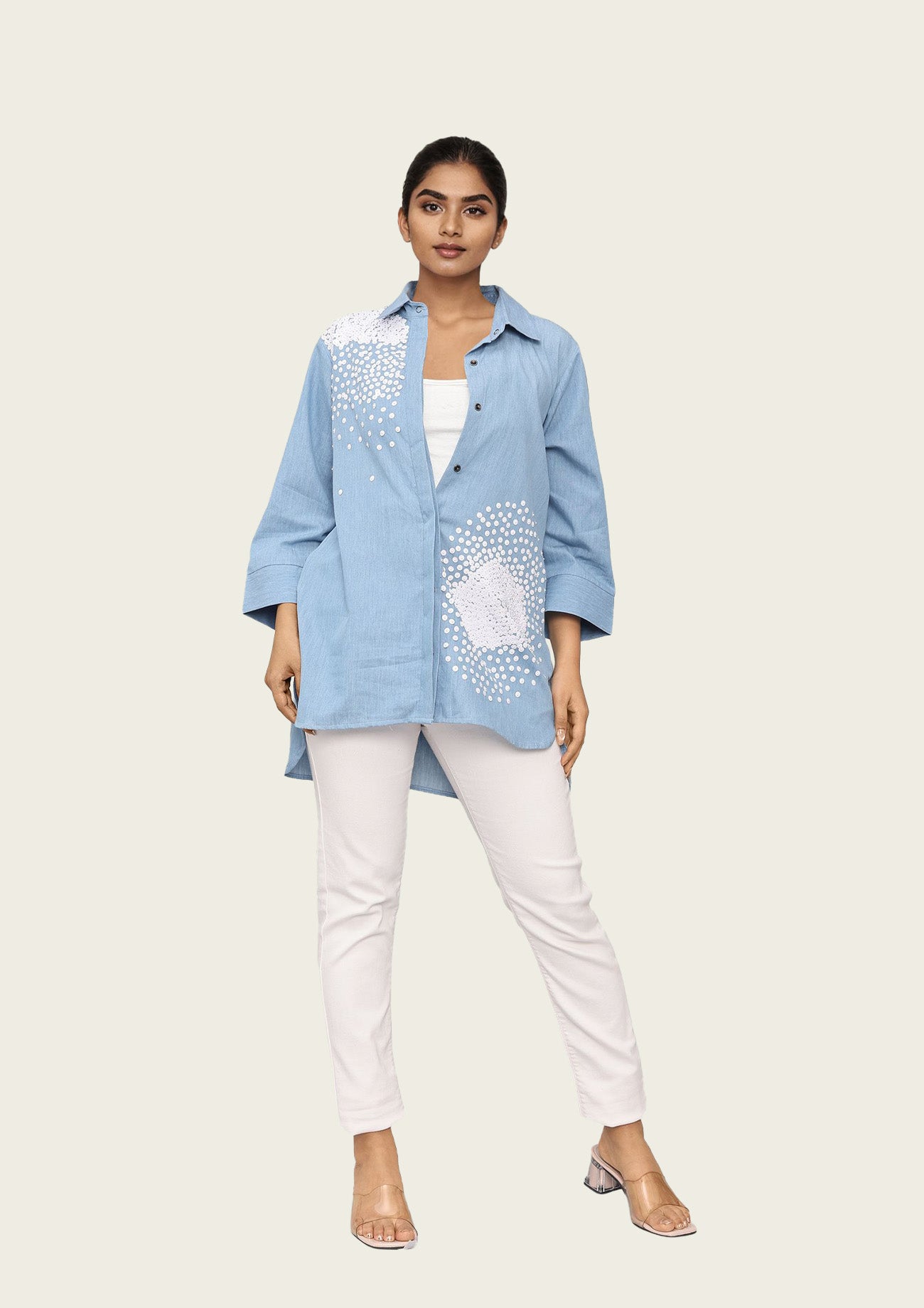 Blue Cotton Denim High Low Shirt with Embroidery