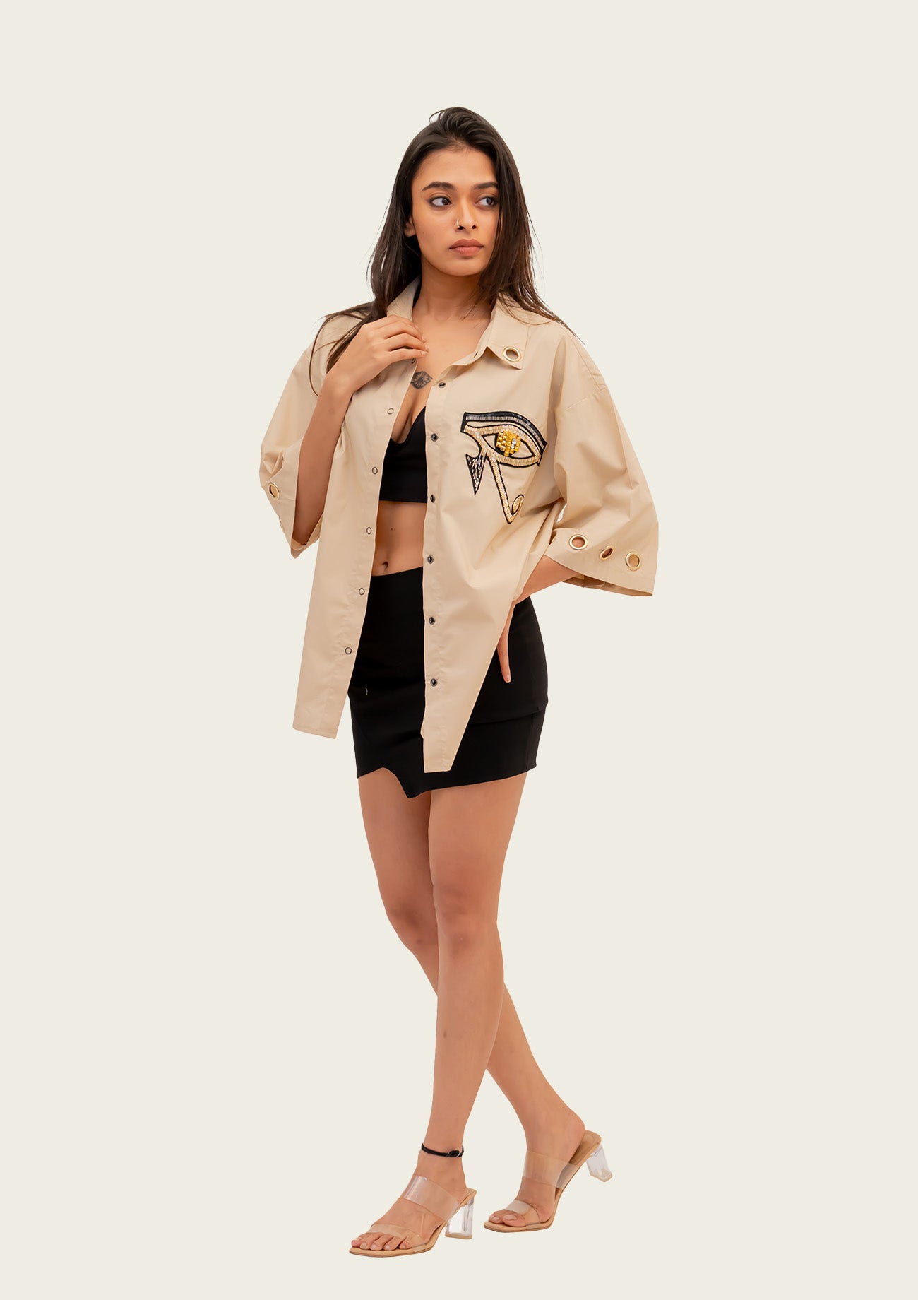 Beige Cotton Oversized Shirt with Embroidery
