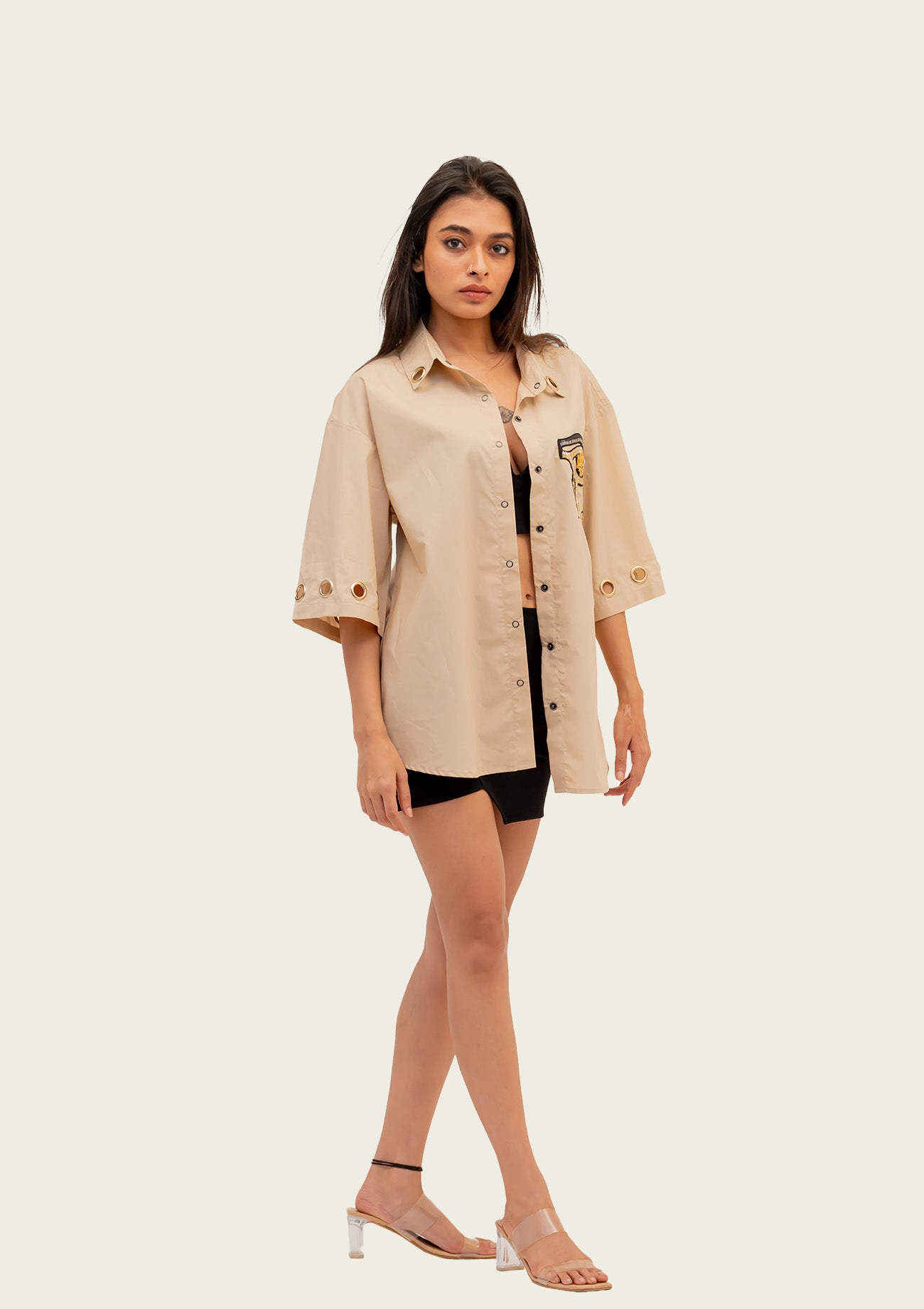 Beige Cotton Oversized Shirt with Embroidery