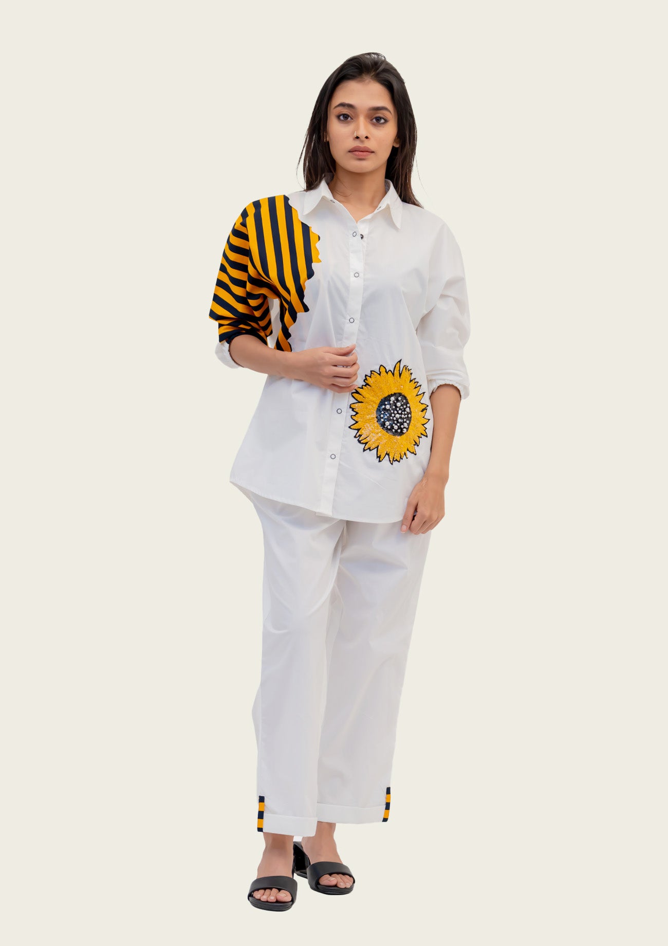 White Cotton Shirt and Pants Co-ord Set with Embroidery