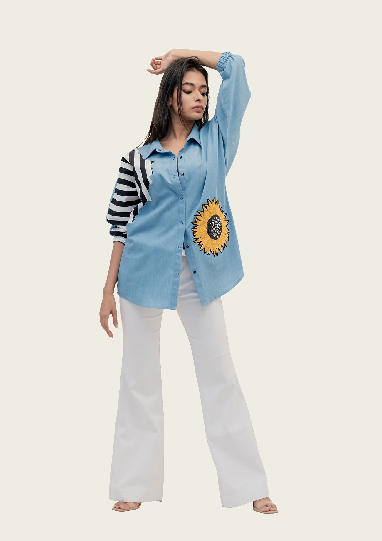 Blue Cotton Denim Shirt with Embroidery