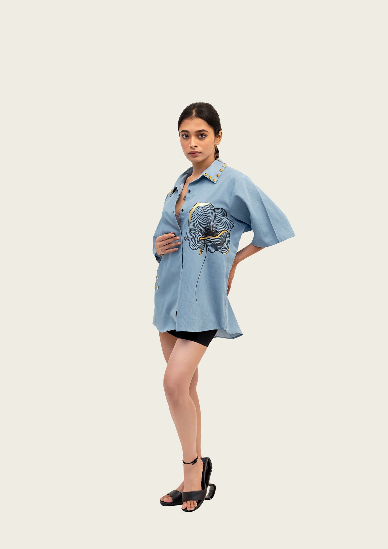 Blue Cotton Denim Shirt with Foil Print and Studs