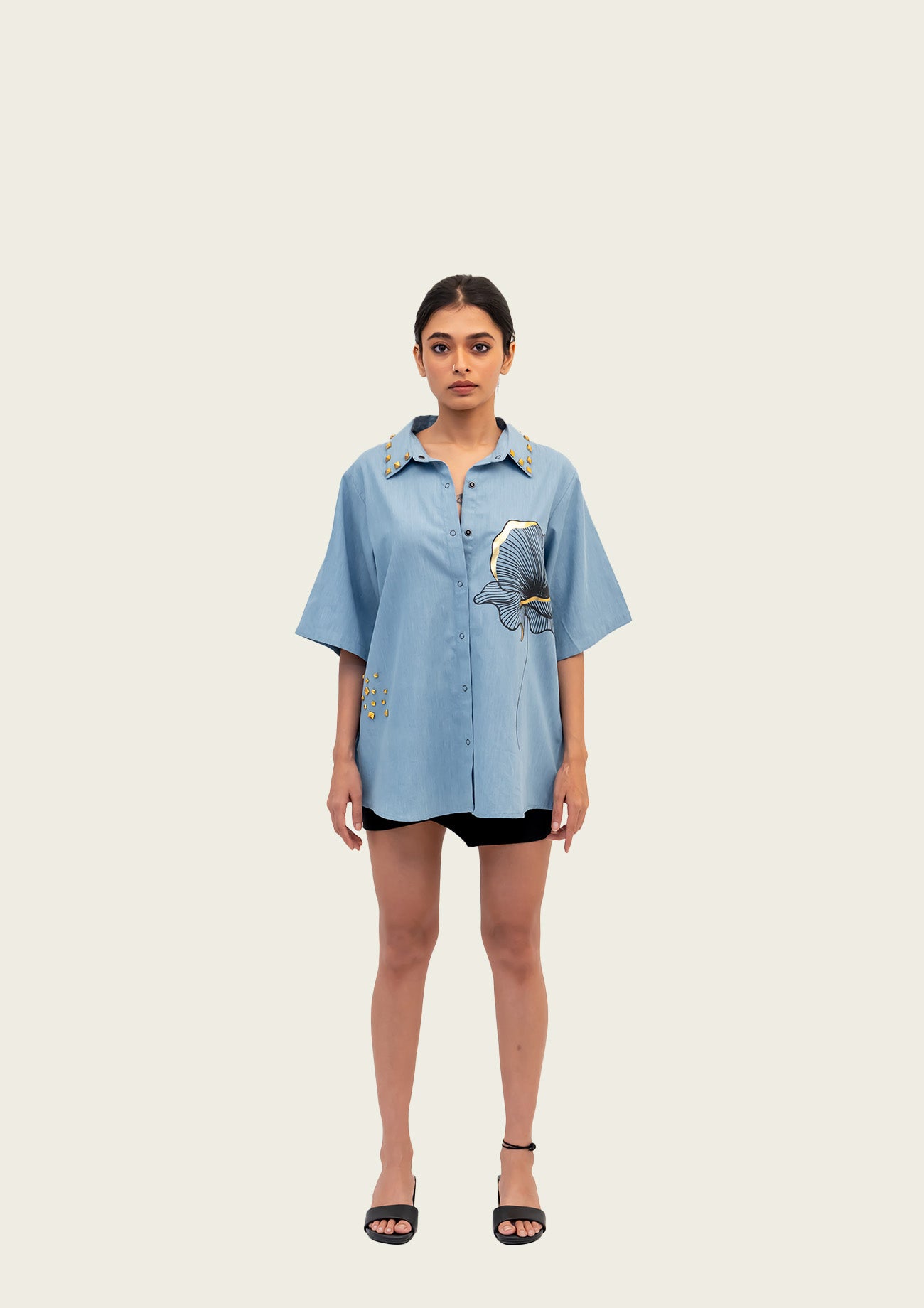 Blue Cotton Denim Shirt with Foil Print and Studs