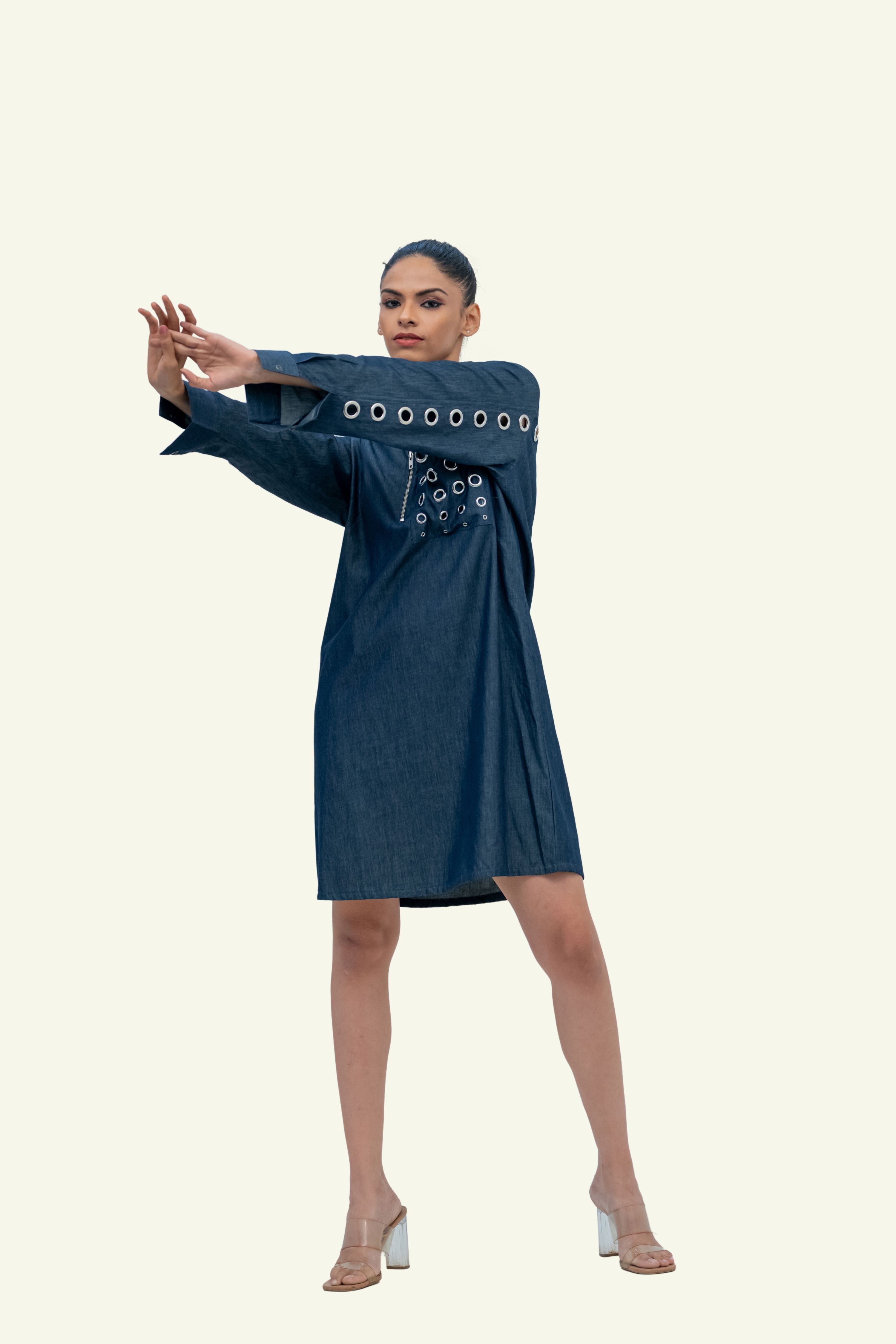 Blue Denim Cotton Dress with Eyelets