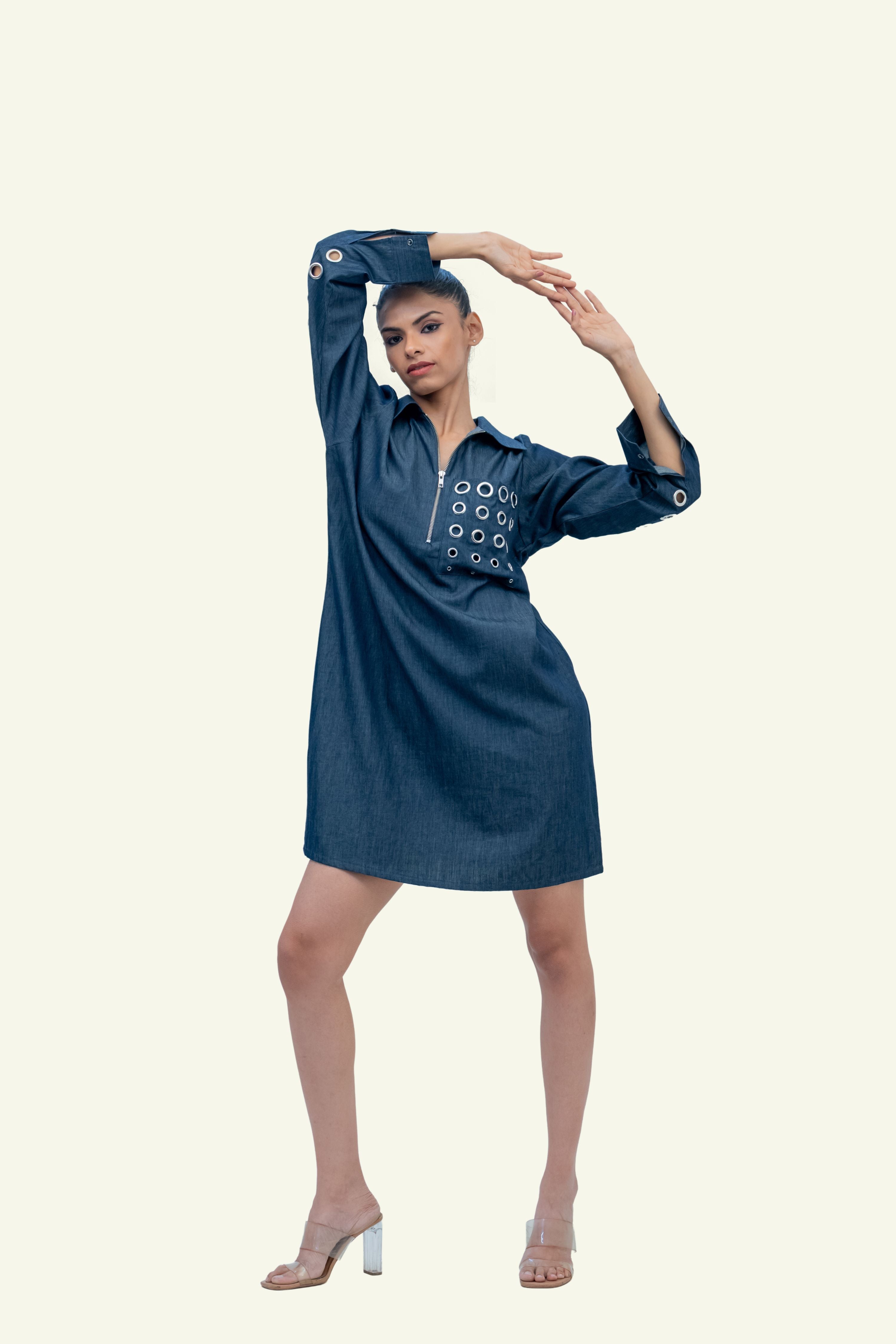 Blue Denim Cotton Dress with Eyelets