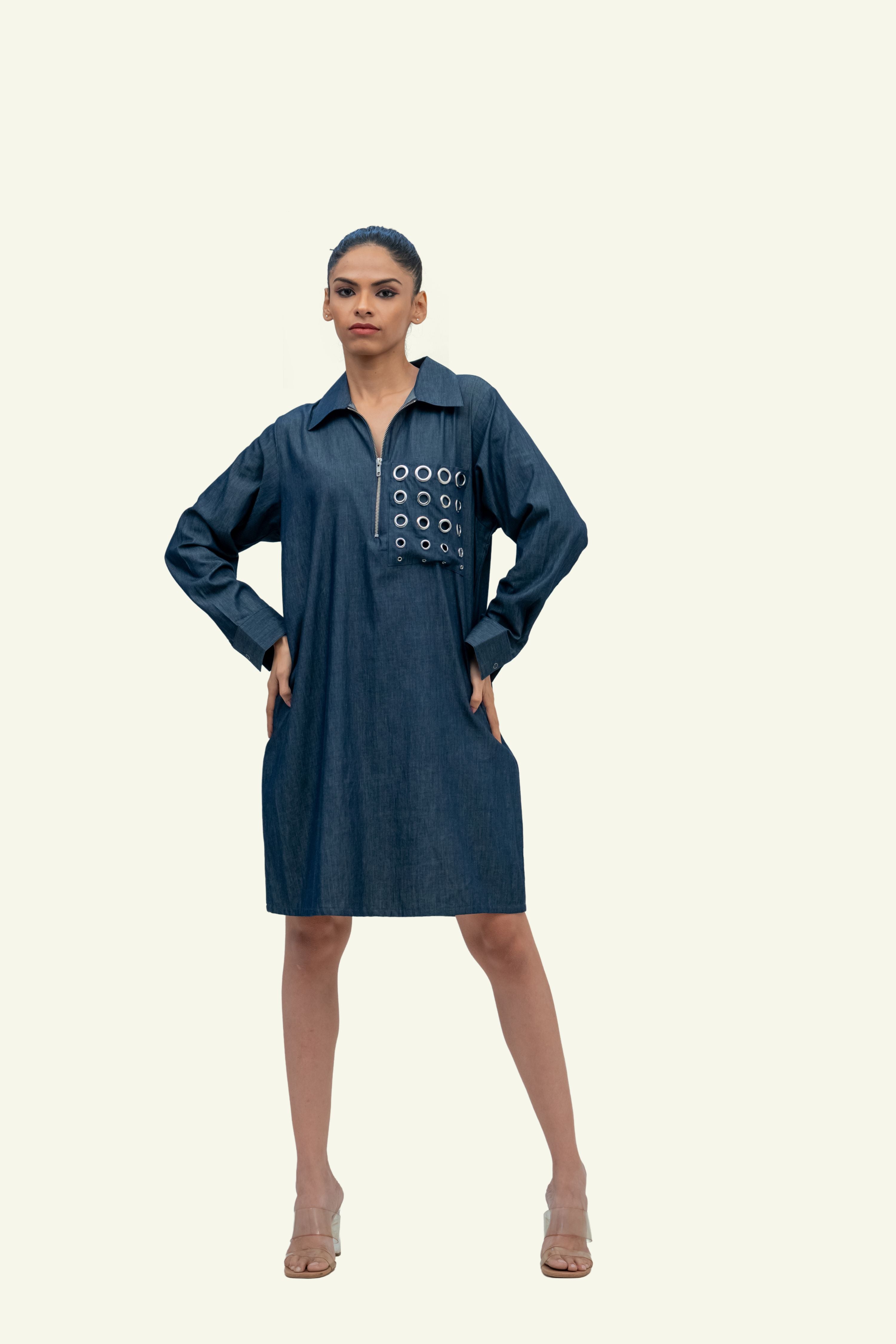 Blue Denim Cotton Dress with Eyelets