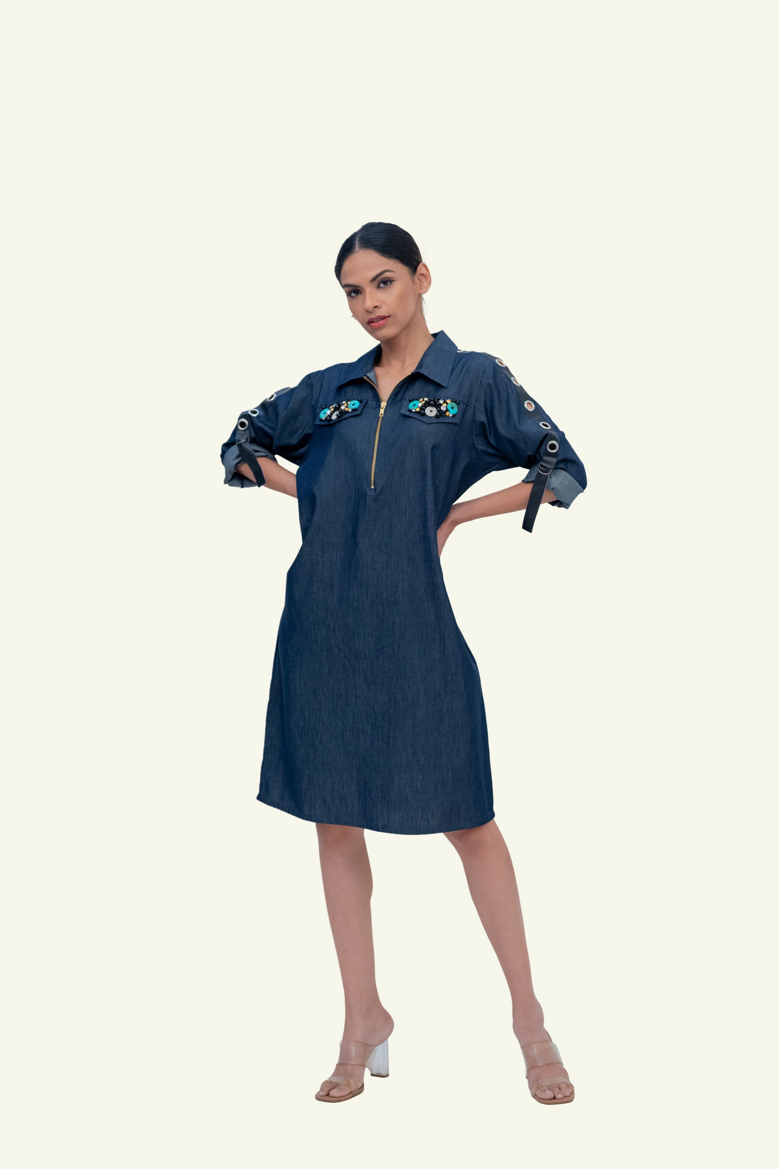 Denim Cotton Dress with Embroidery on Pockets