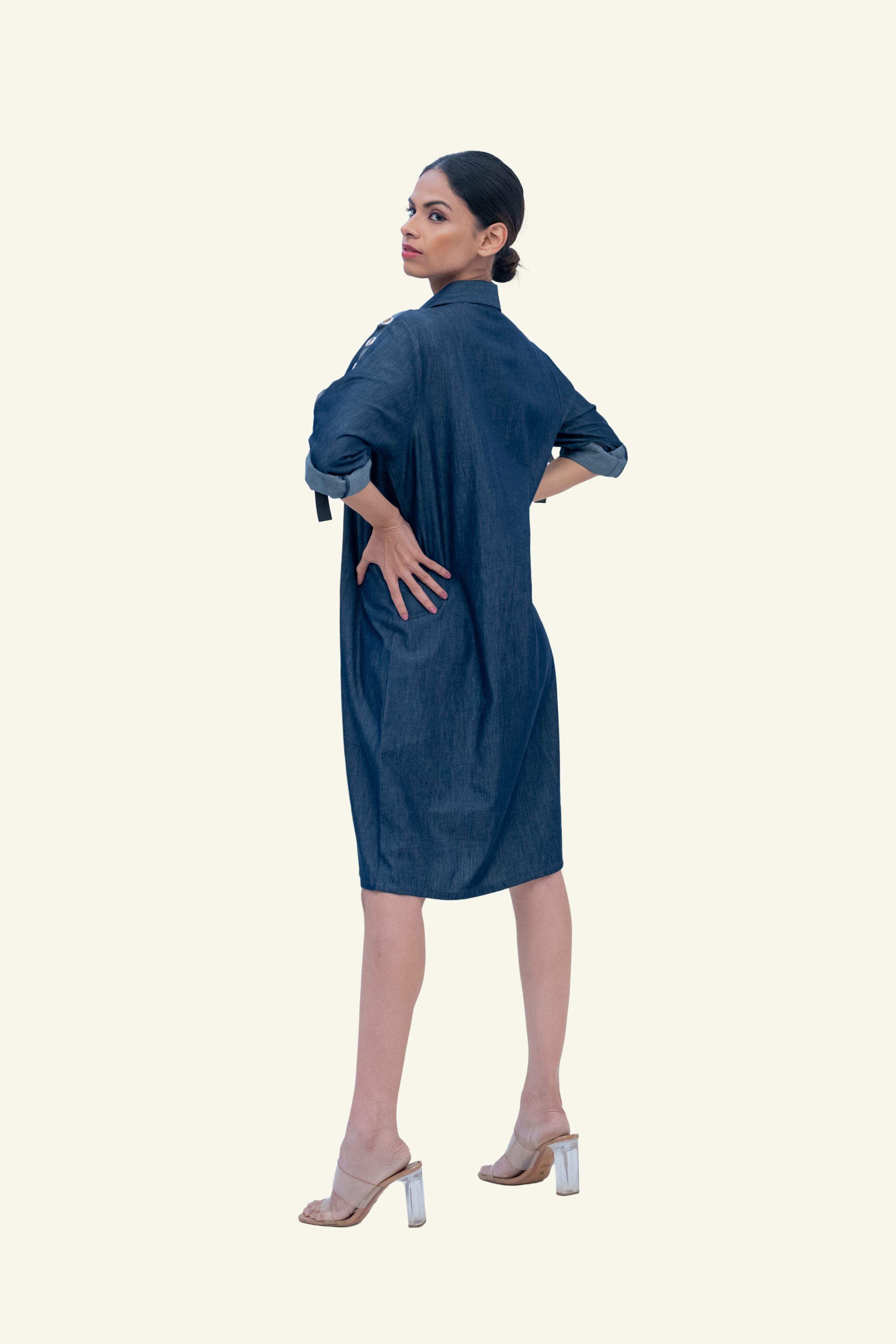 Denim Cotton Dress with Embroidery on Pockets