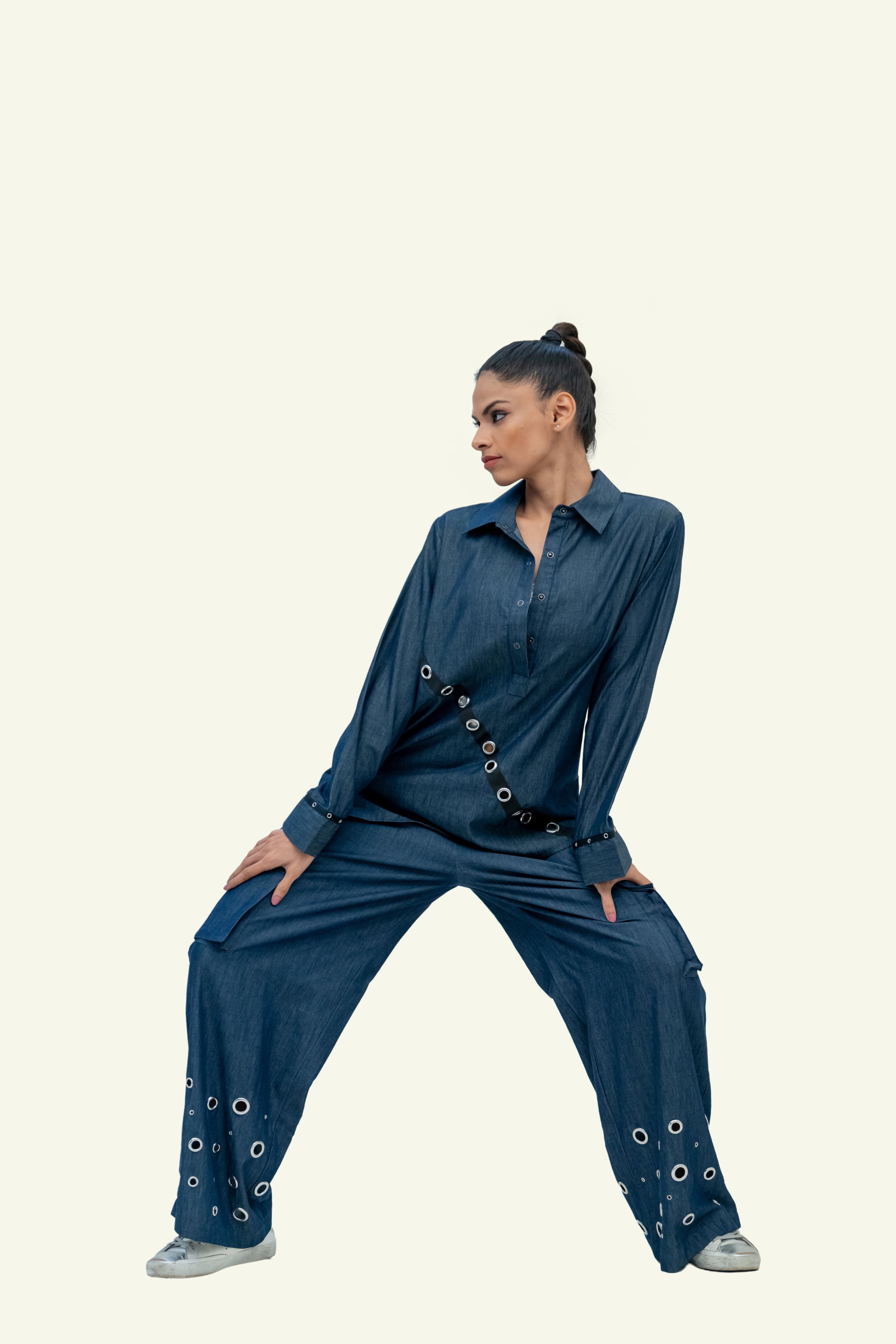 Blue Denim Cotton Oversized Shirt with Embroidery