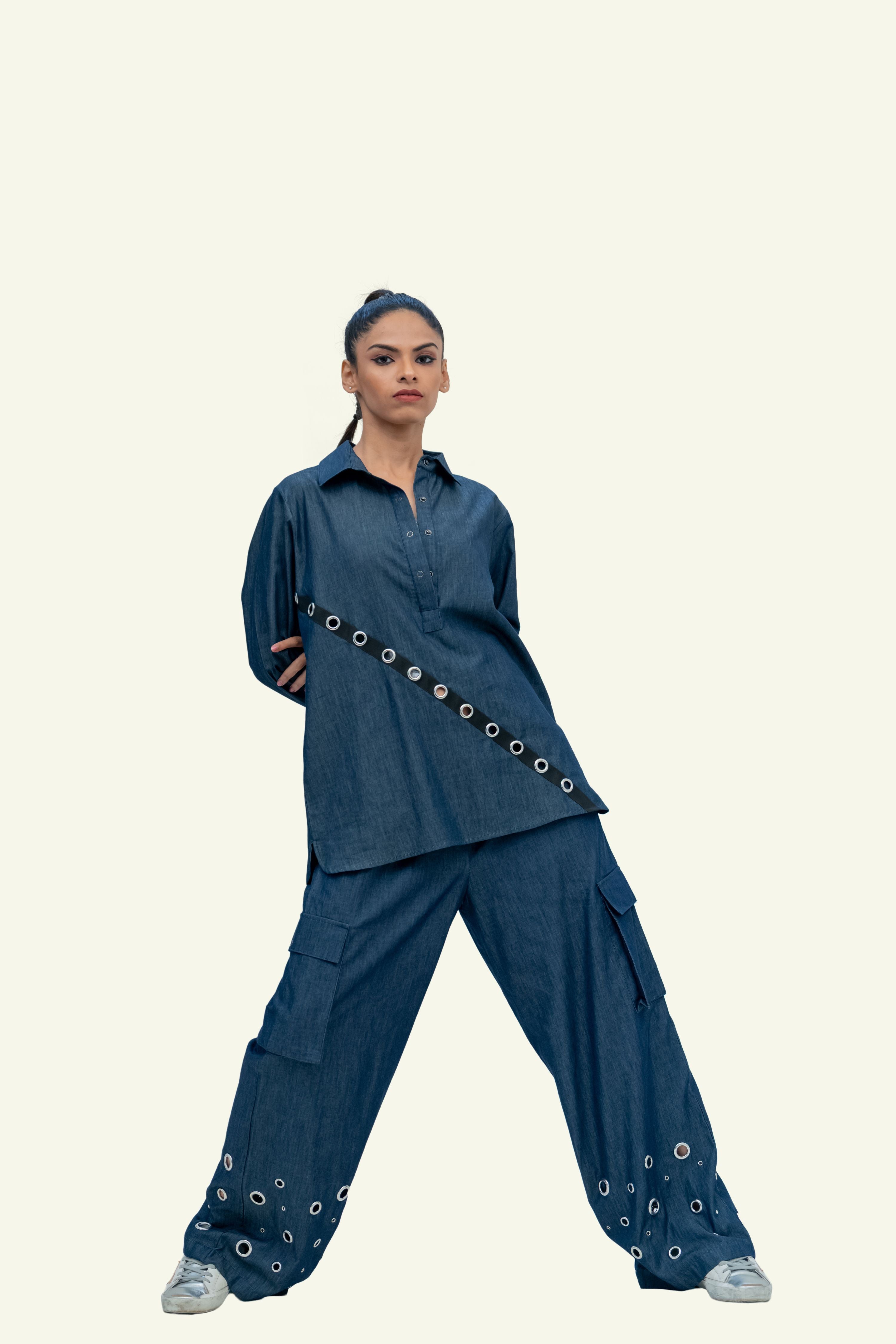 Blue Denim Cotton Oversized Shirt with Embroidery