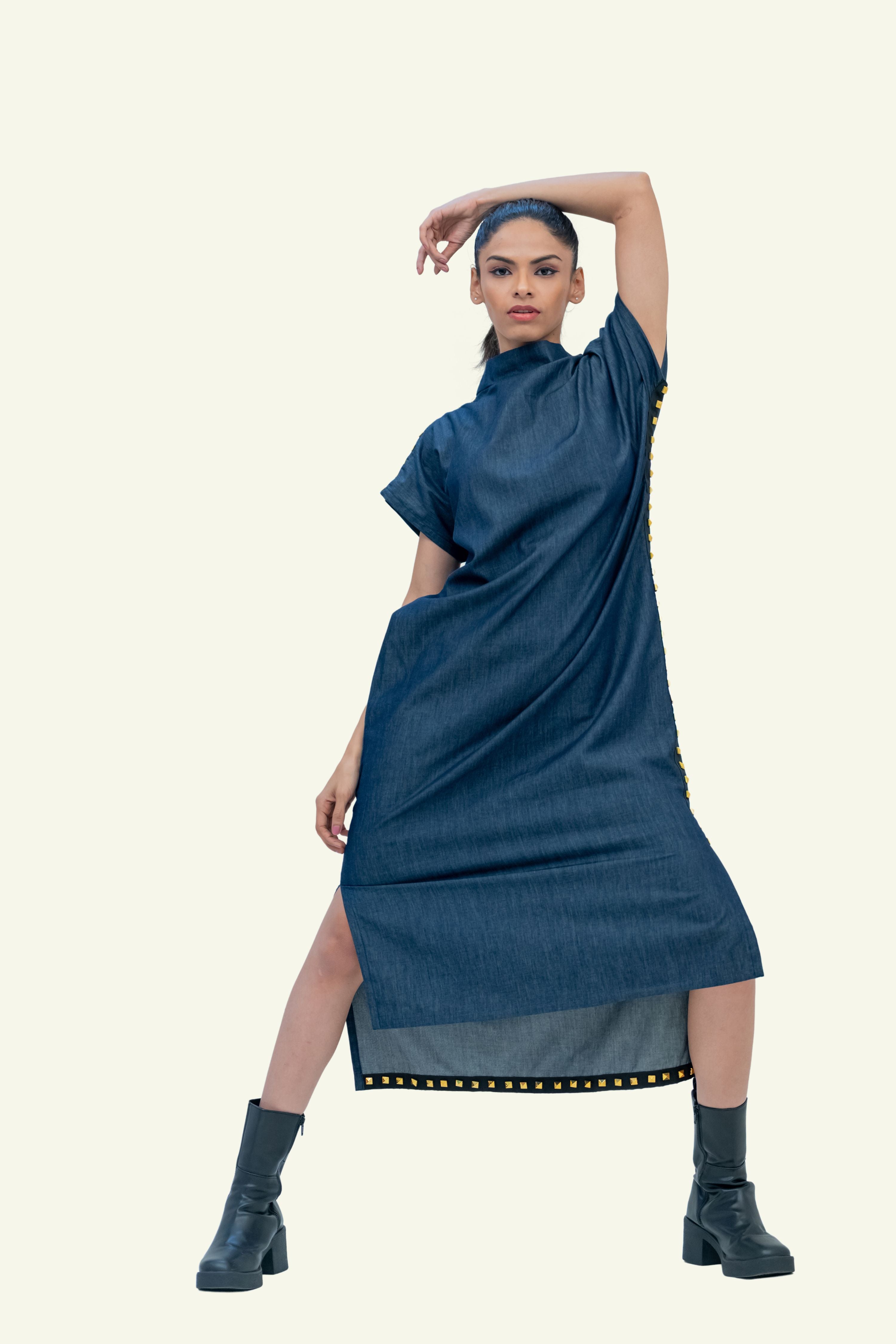 Denim Cotton Midi Dress with Stud Work