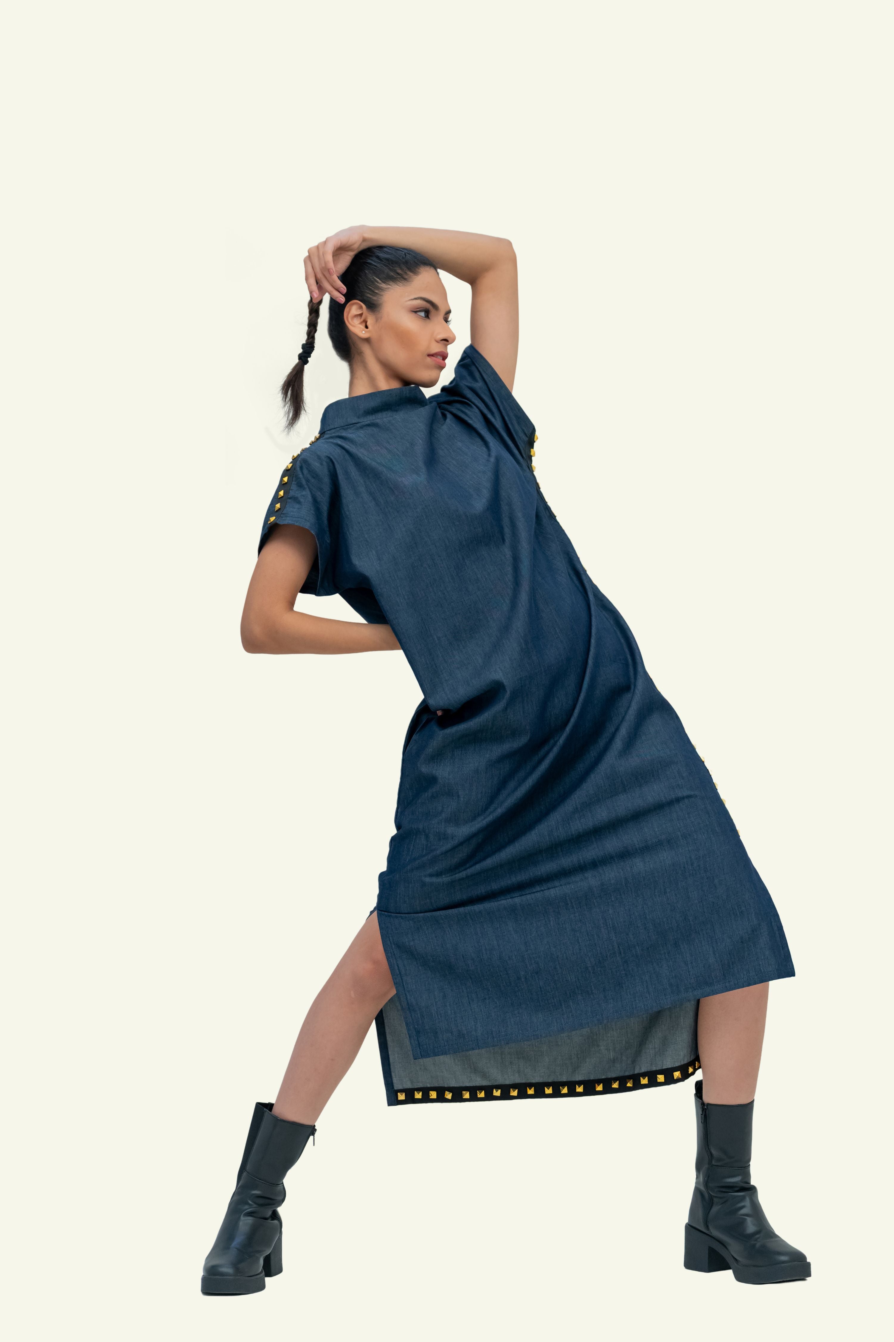 Denim Cotton Midi Dress with Stud Work