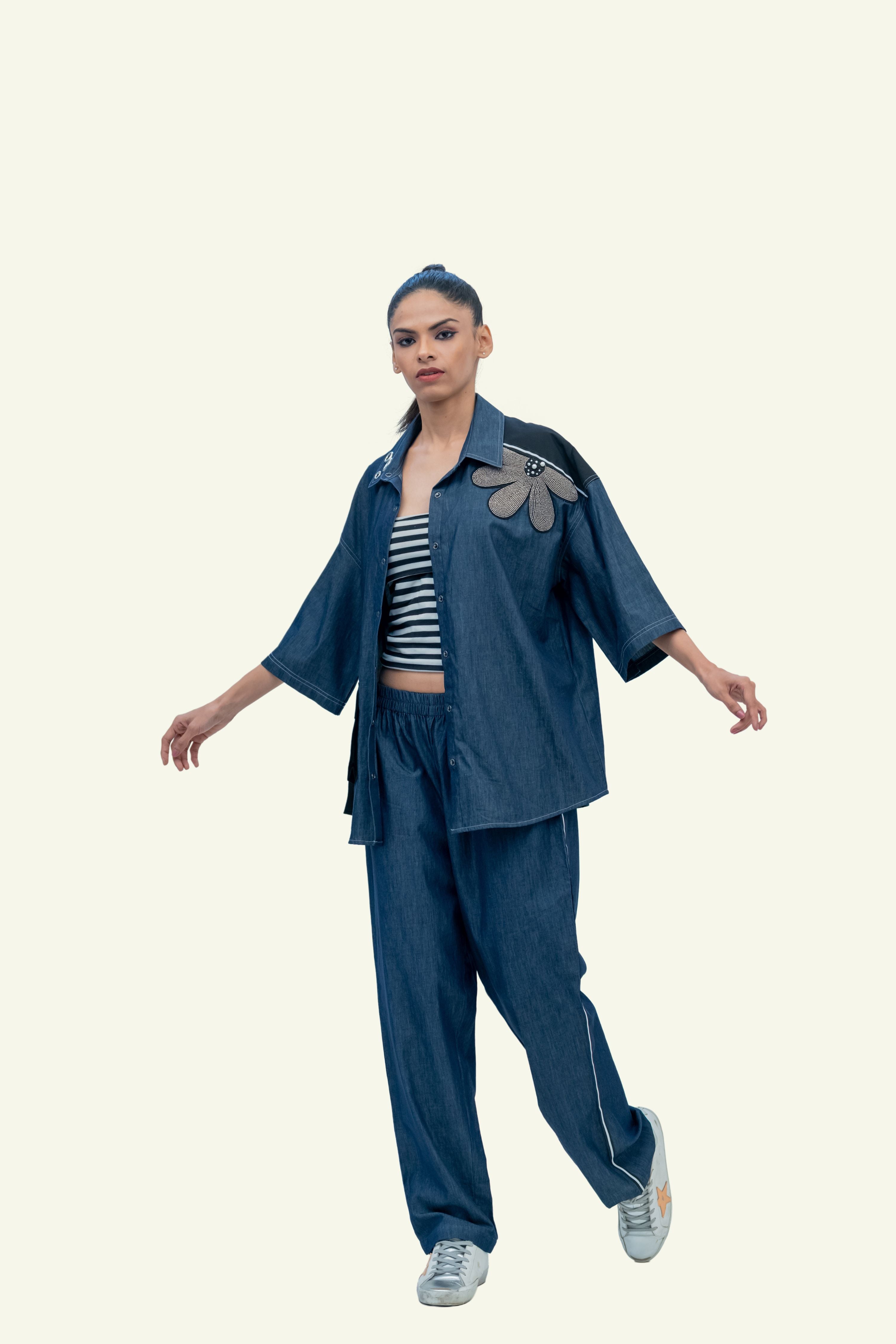 Blue Denim Cotton Oversized Shirt with Pants Co-ord Set with Embroidery