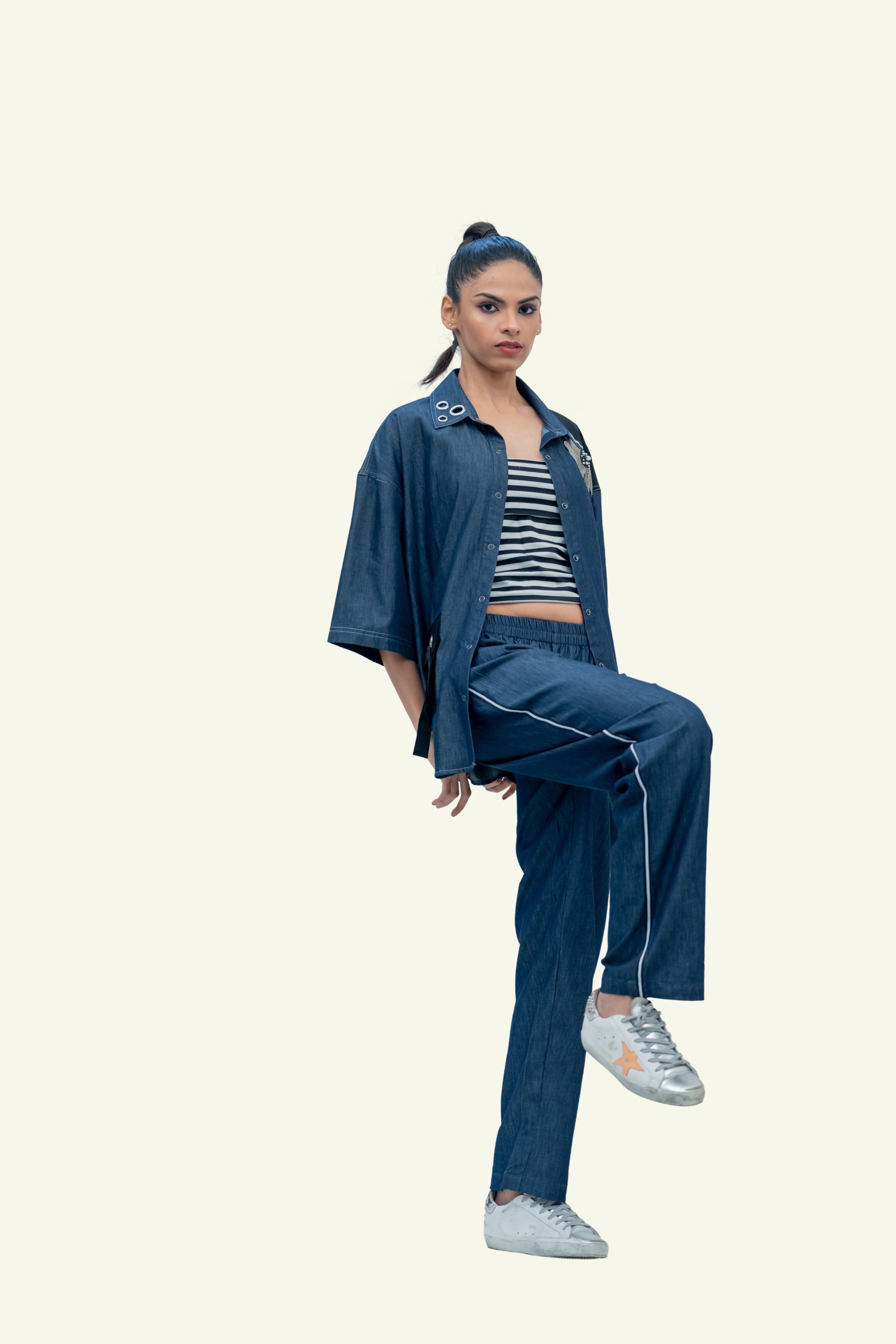 Blue Denim Cotton Oversized Shirt with Pants Co-ord Set with Embroidery