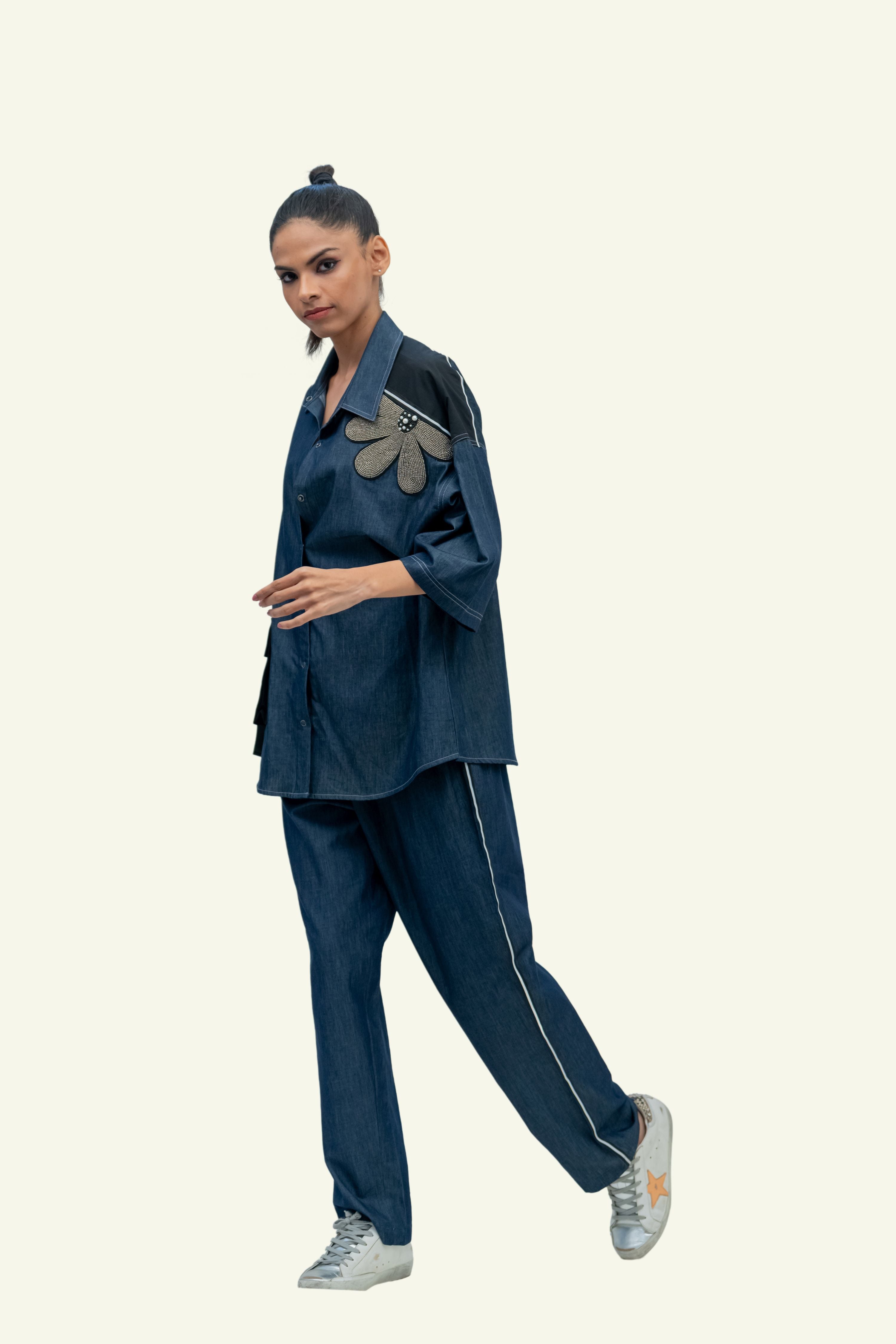Blue Denim Cotton Oversized Shirt with Pants Co-ord Set with Embroidery