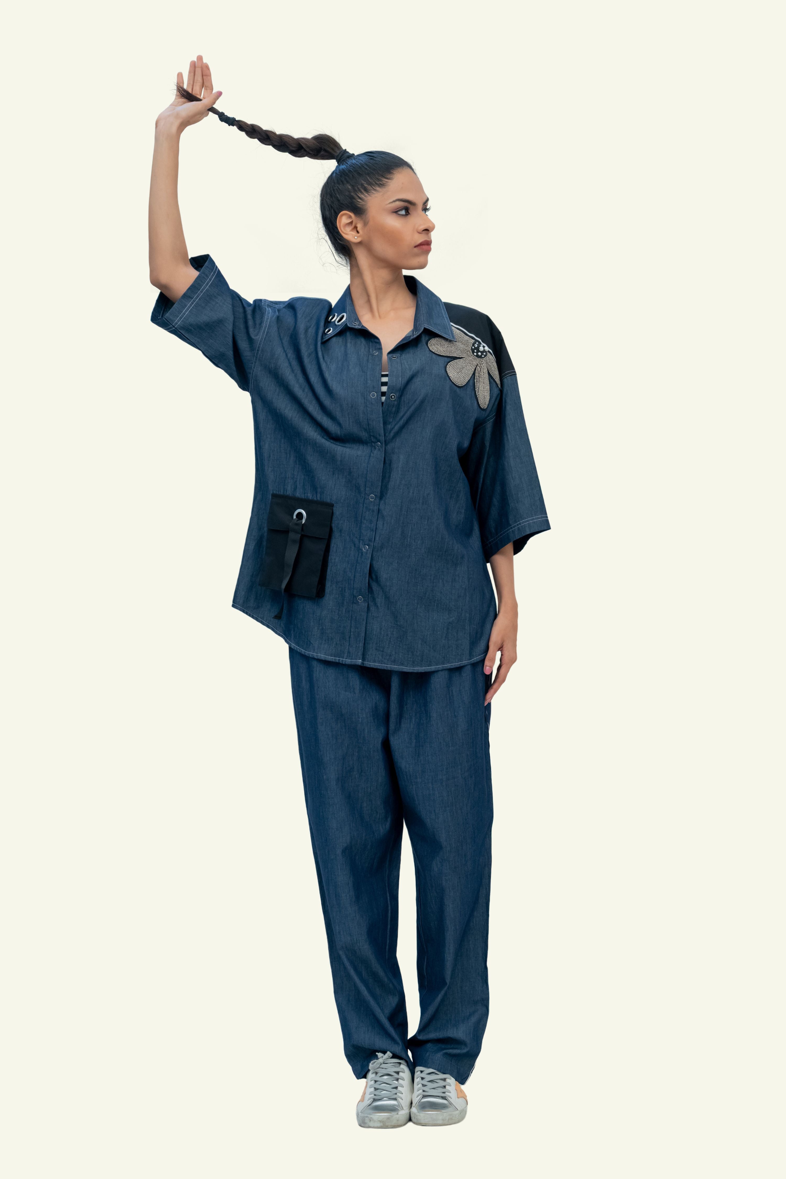 Blue Denim Cotton Oversized Shirt with Pants Co-ord Set with Embroidery