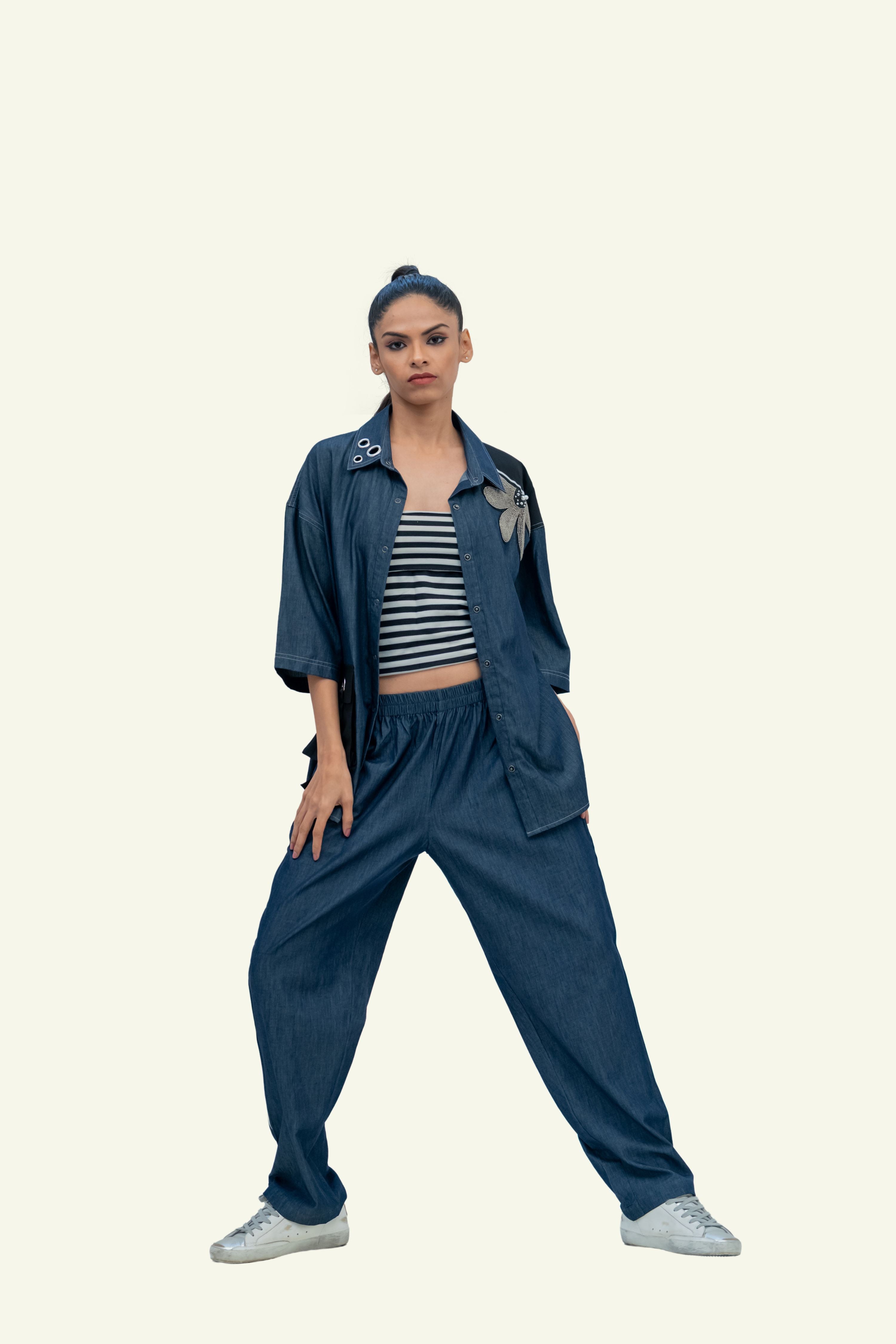 Blue Denim Cotton Oversized Shirt with Pants Co-ord Set with Embroidery