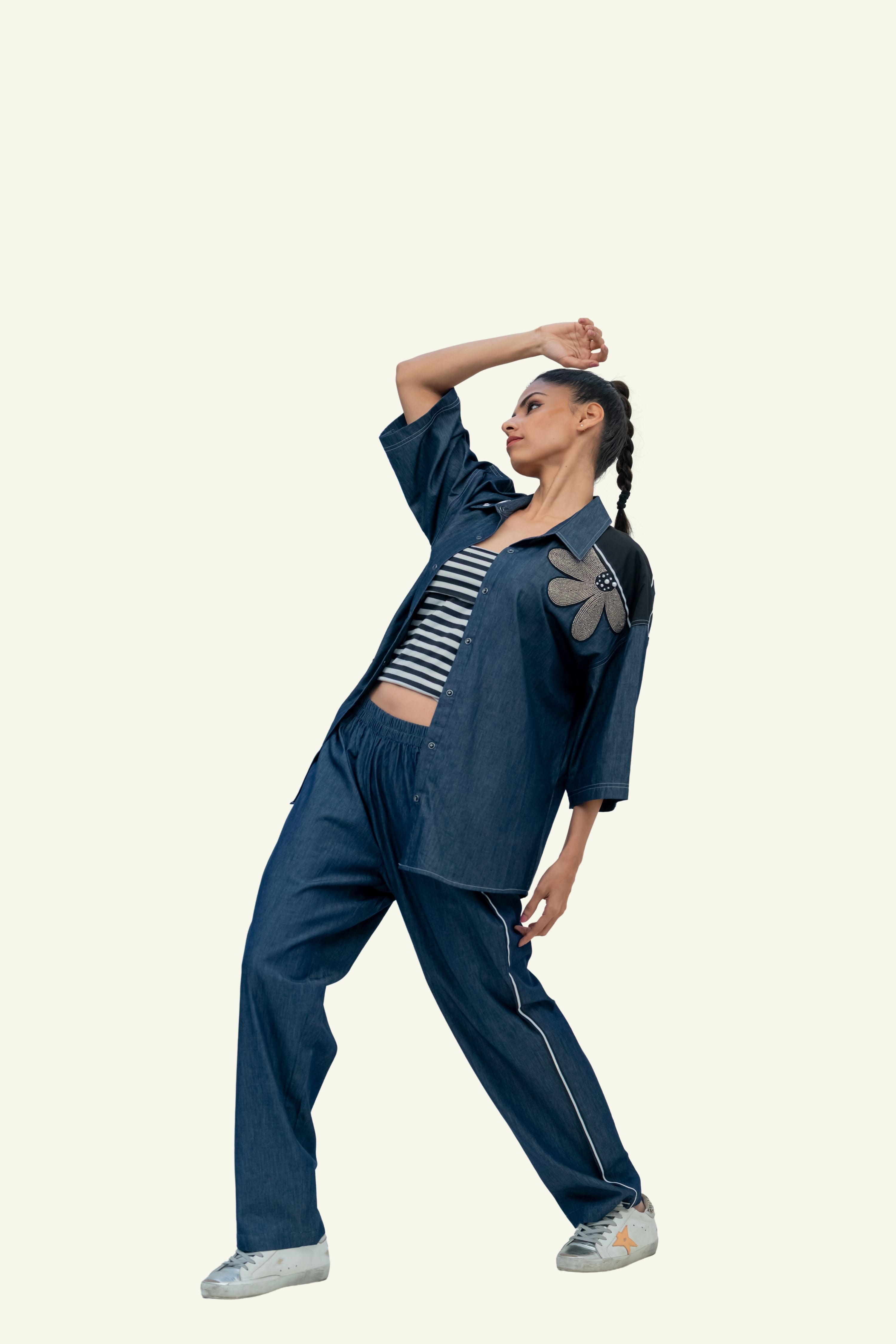Blue Denim Cotton Oversized Shirt with Pants Co-ord Set with Embroidery