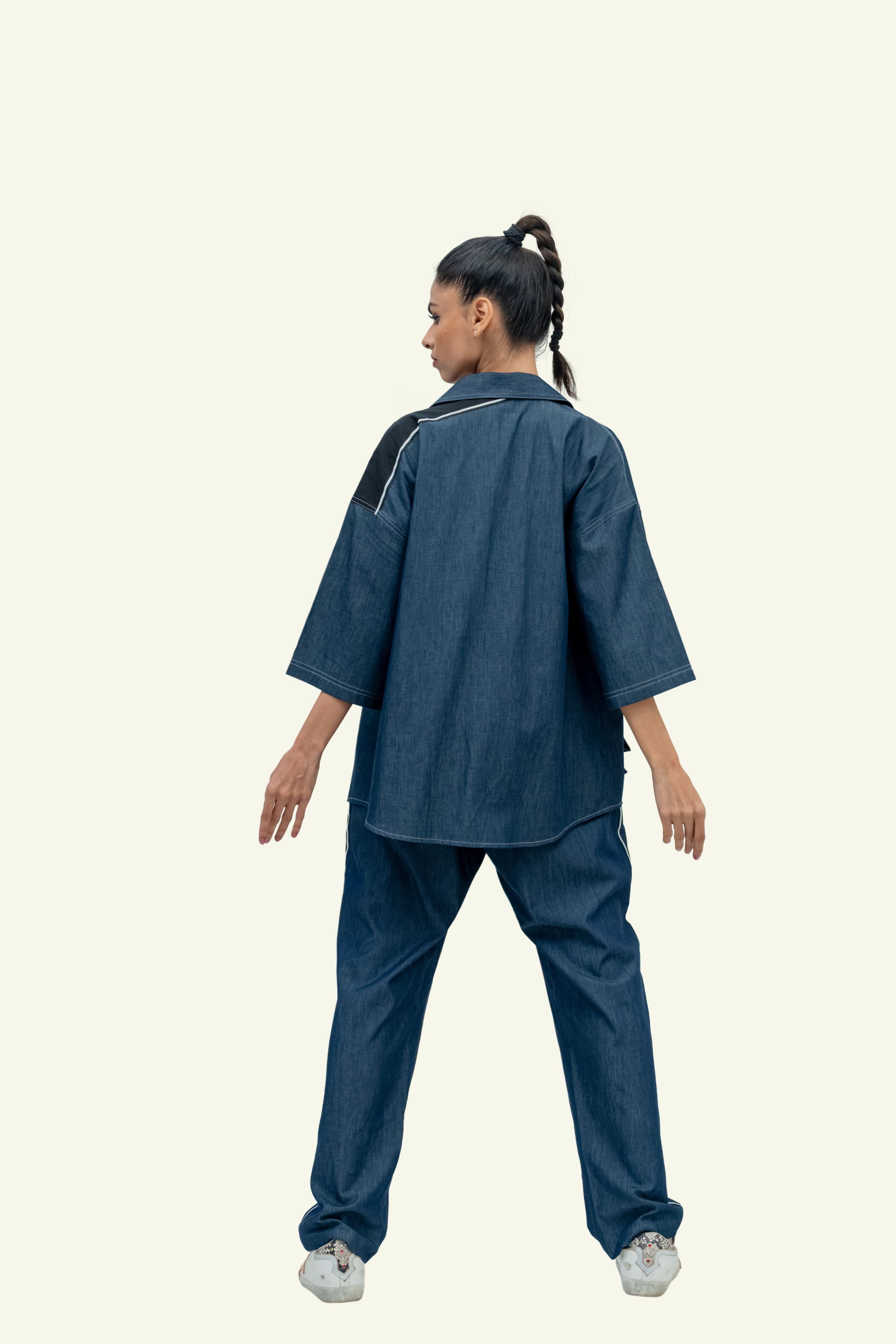 Blue Denim Cotton Oversized Shirt with Pants Co-ord Set with Embroidery