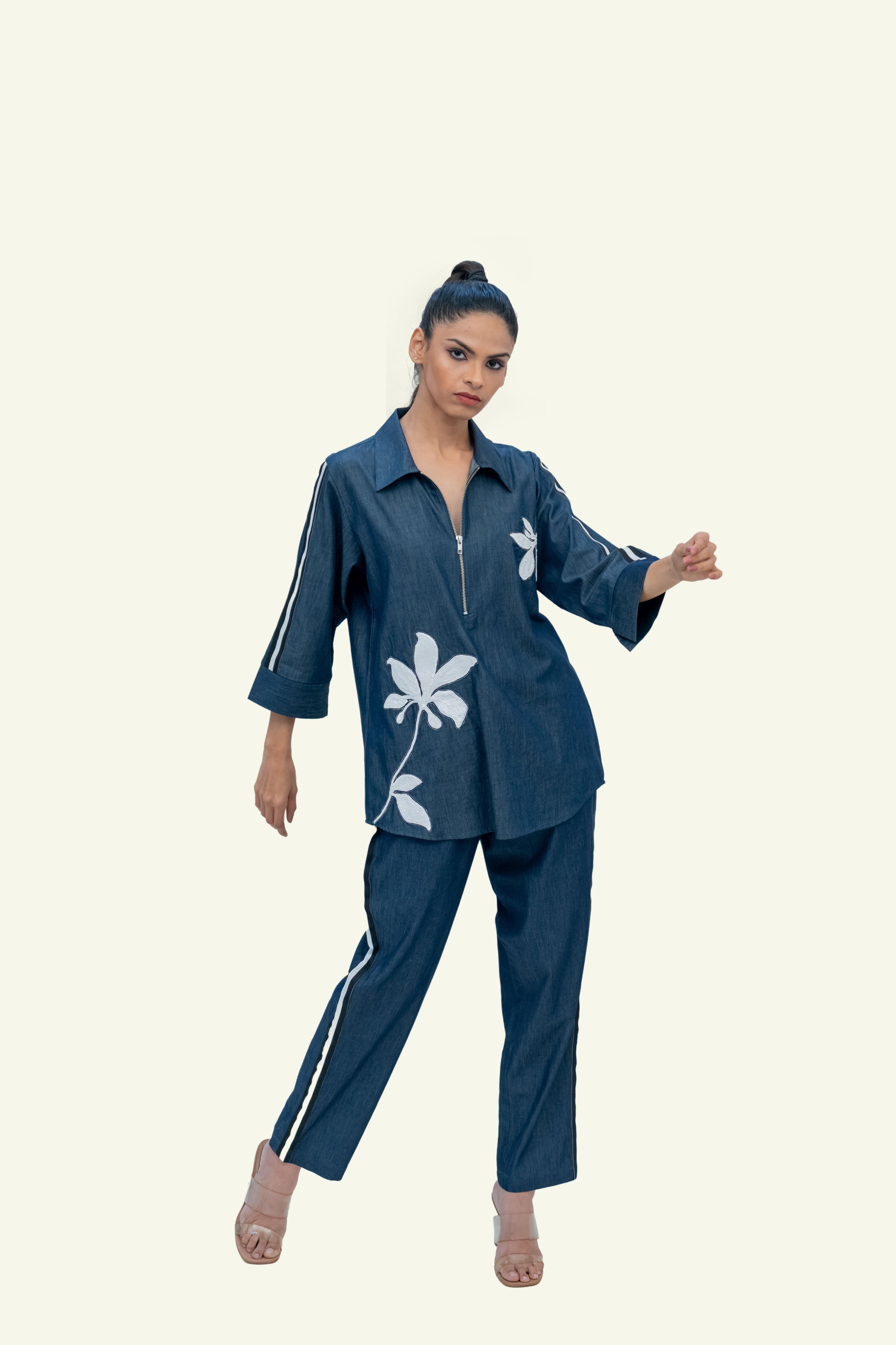Blue Denim Cotton Shirt with Pants Co-ord Set with Embroidery