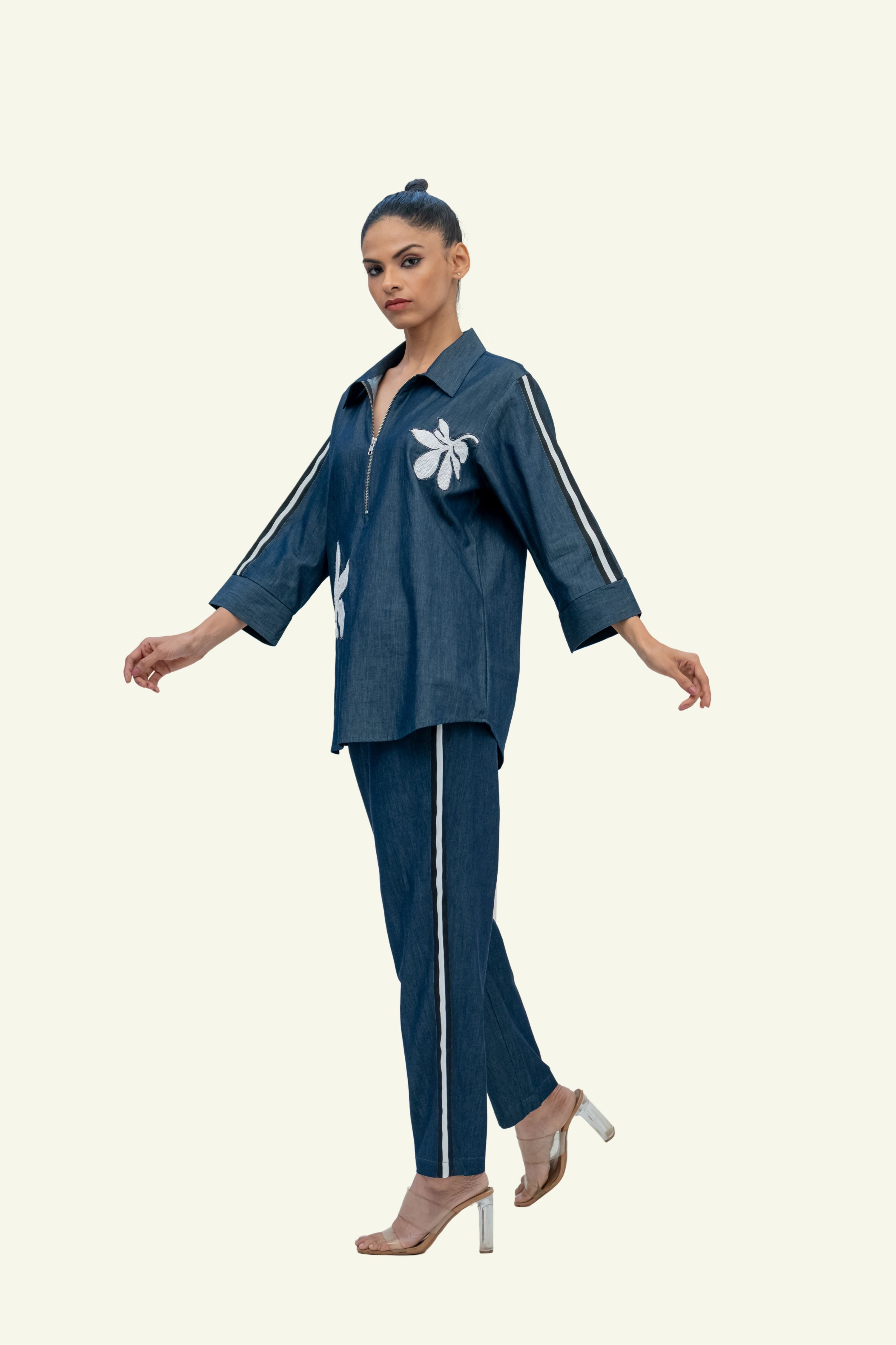 Blue Denim Cotton Shirt with Pants Co-ord Set with Embroidery