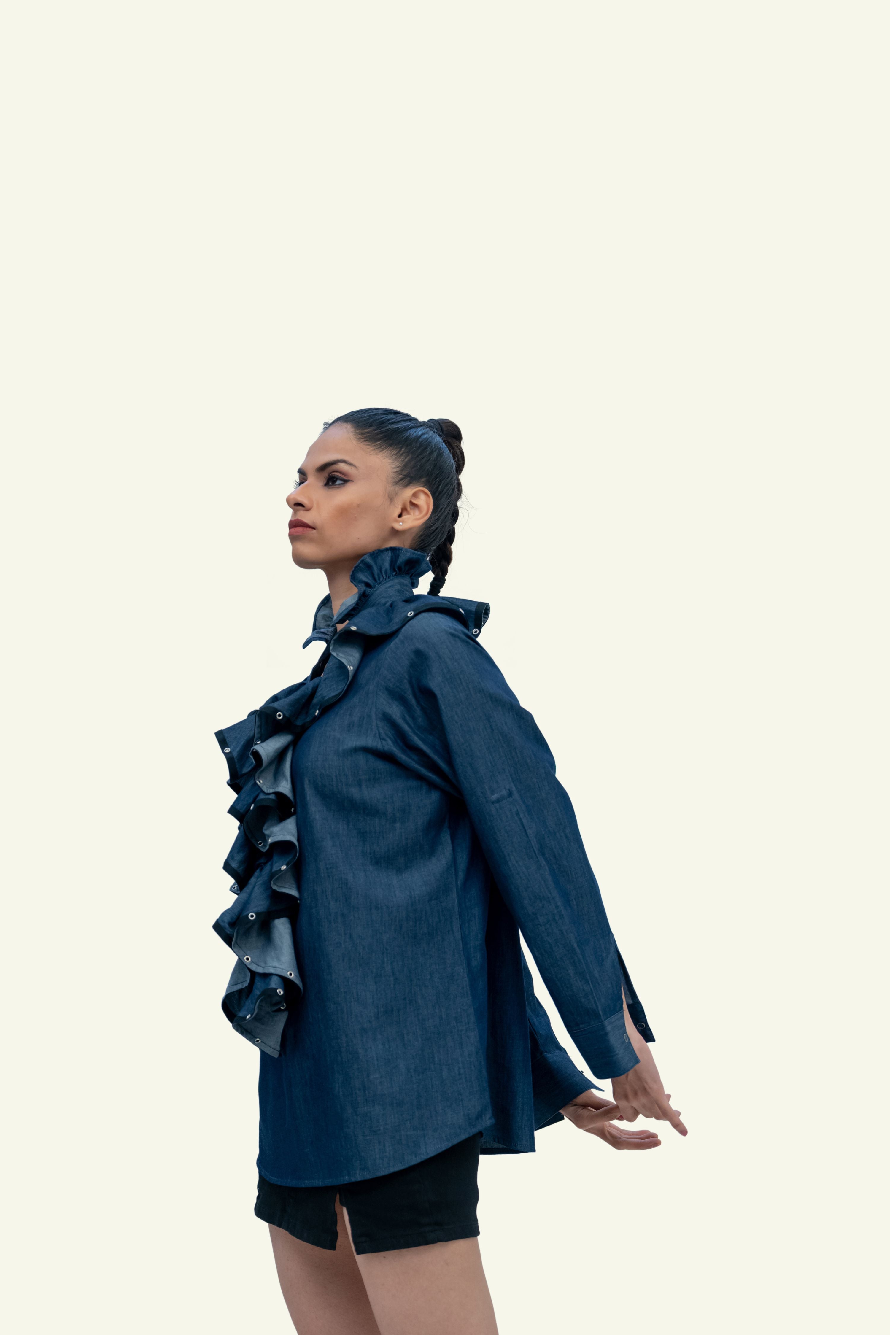 Blue Denim Cotton Shirt with Ruffles