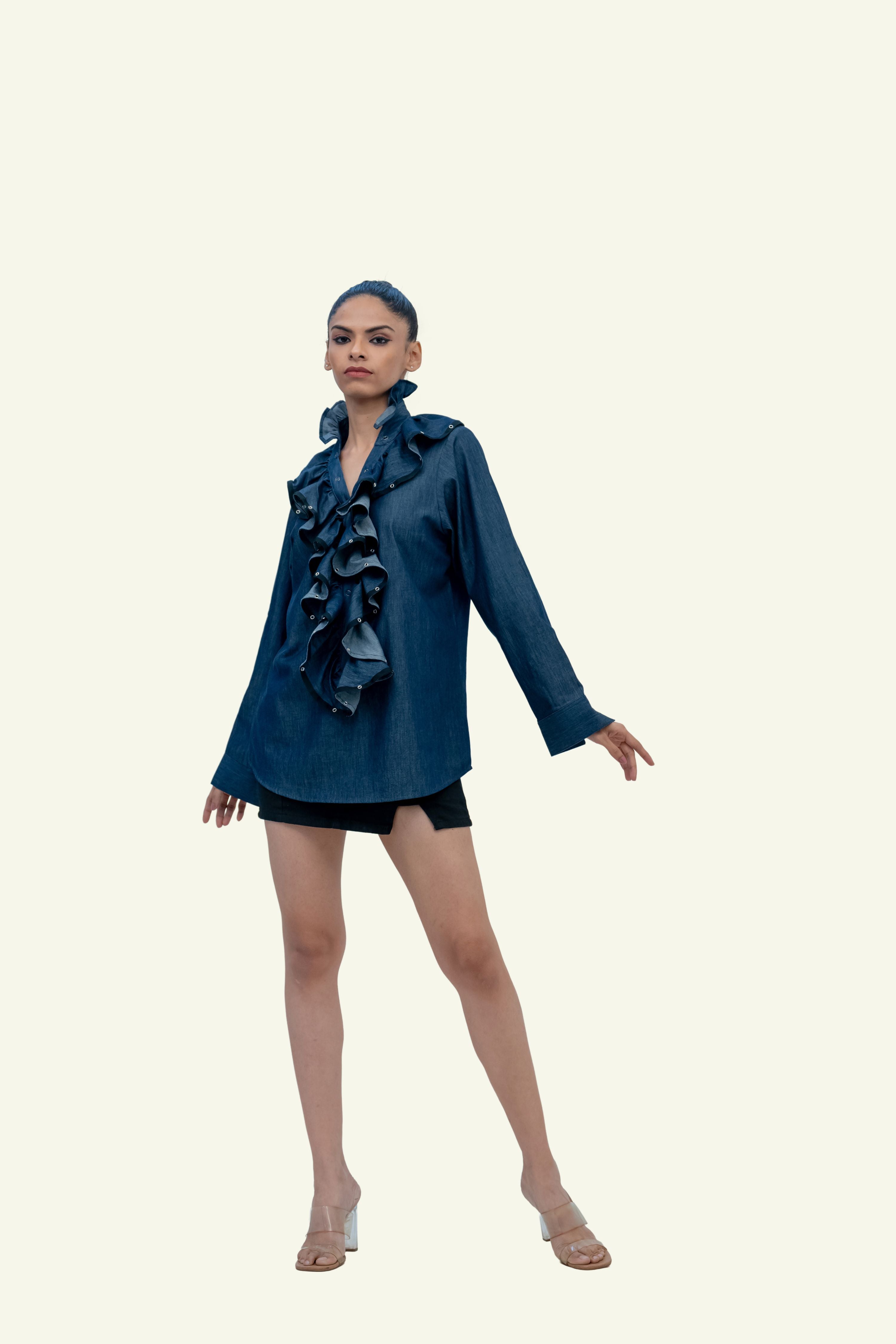 Blue Denim Cotton Shirt with Ruffles