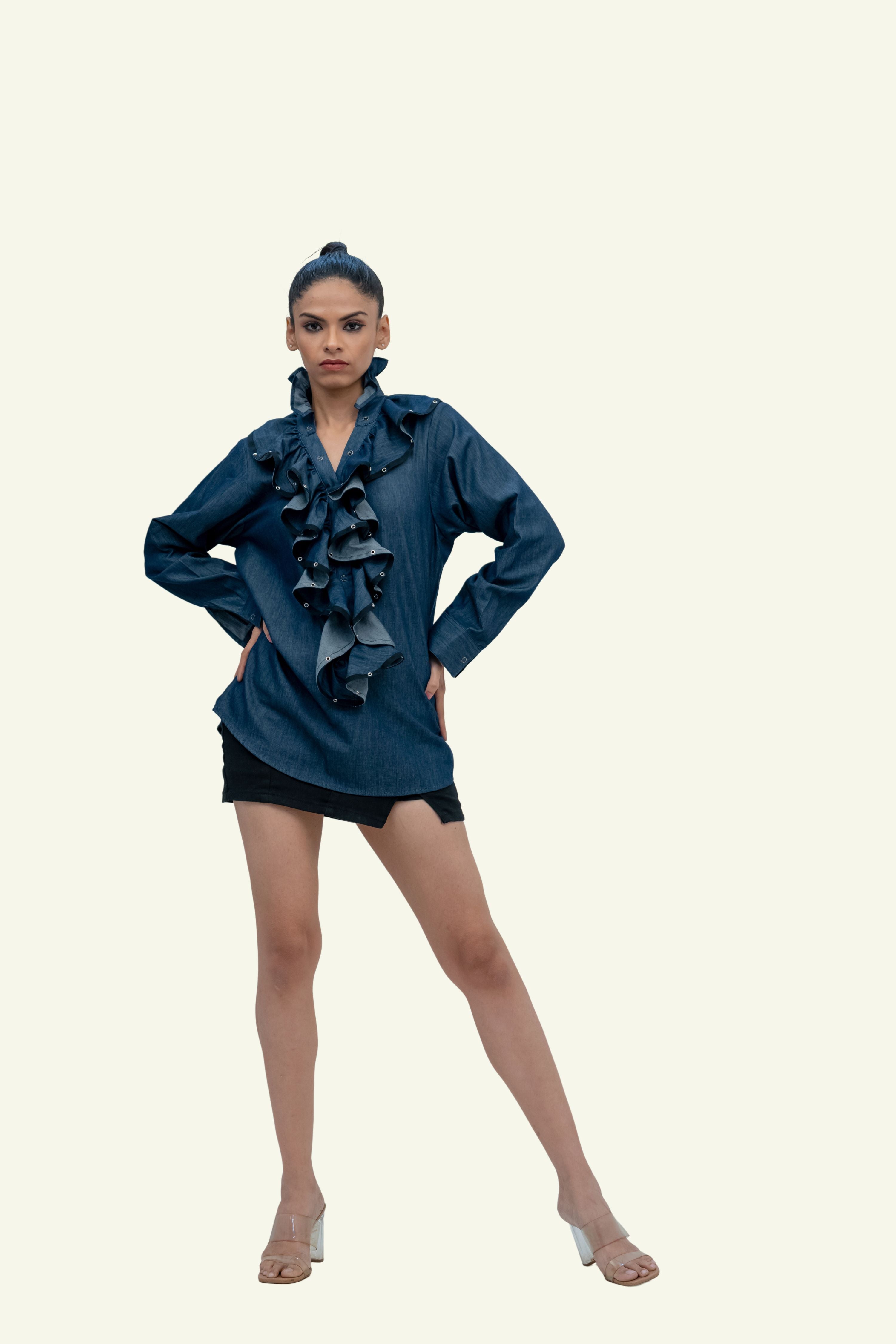 Blue Denim Cotton Shirt with Ruffles