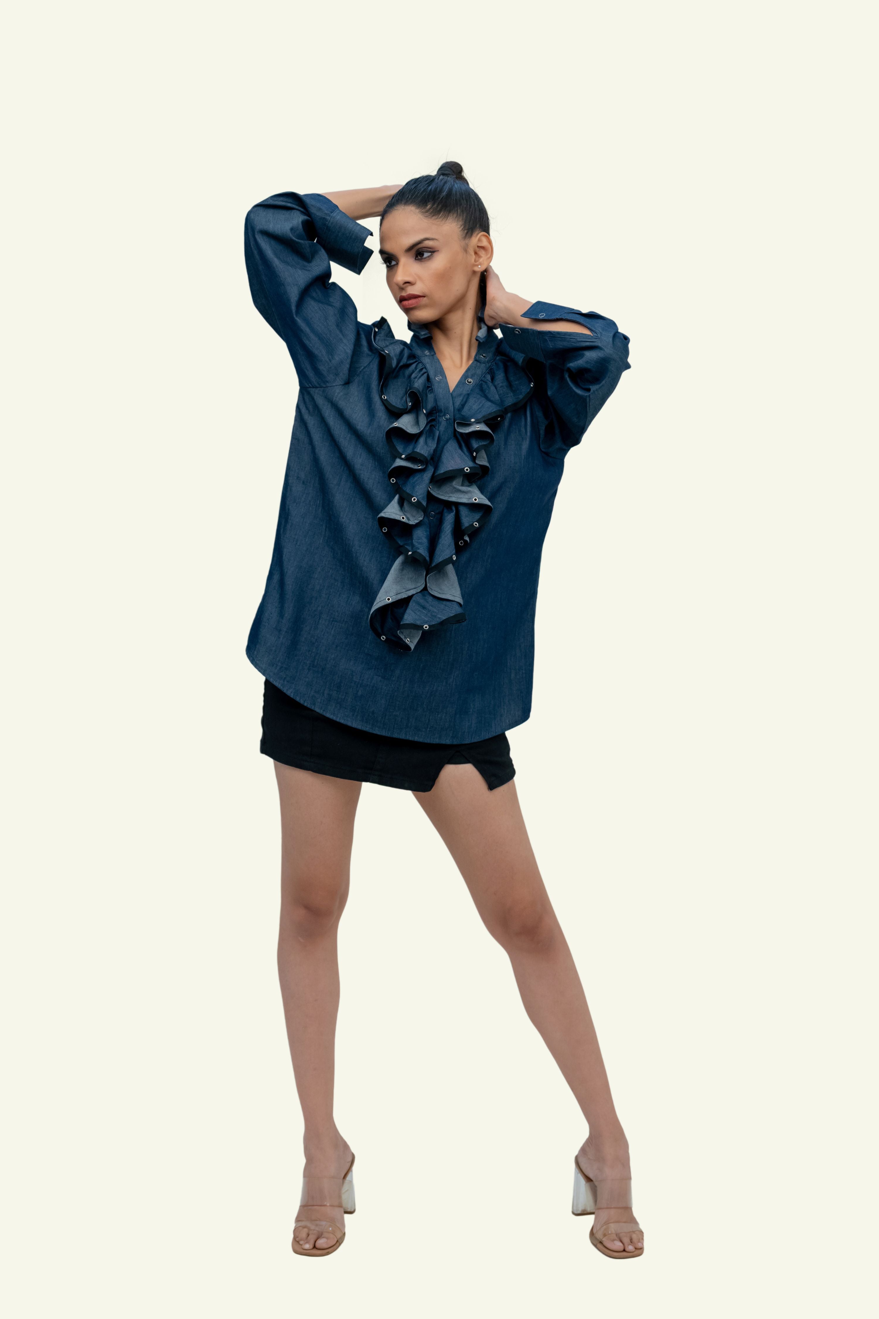 Blue Denim Cotton Shirt with Ruffles