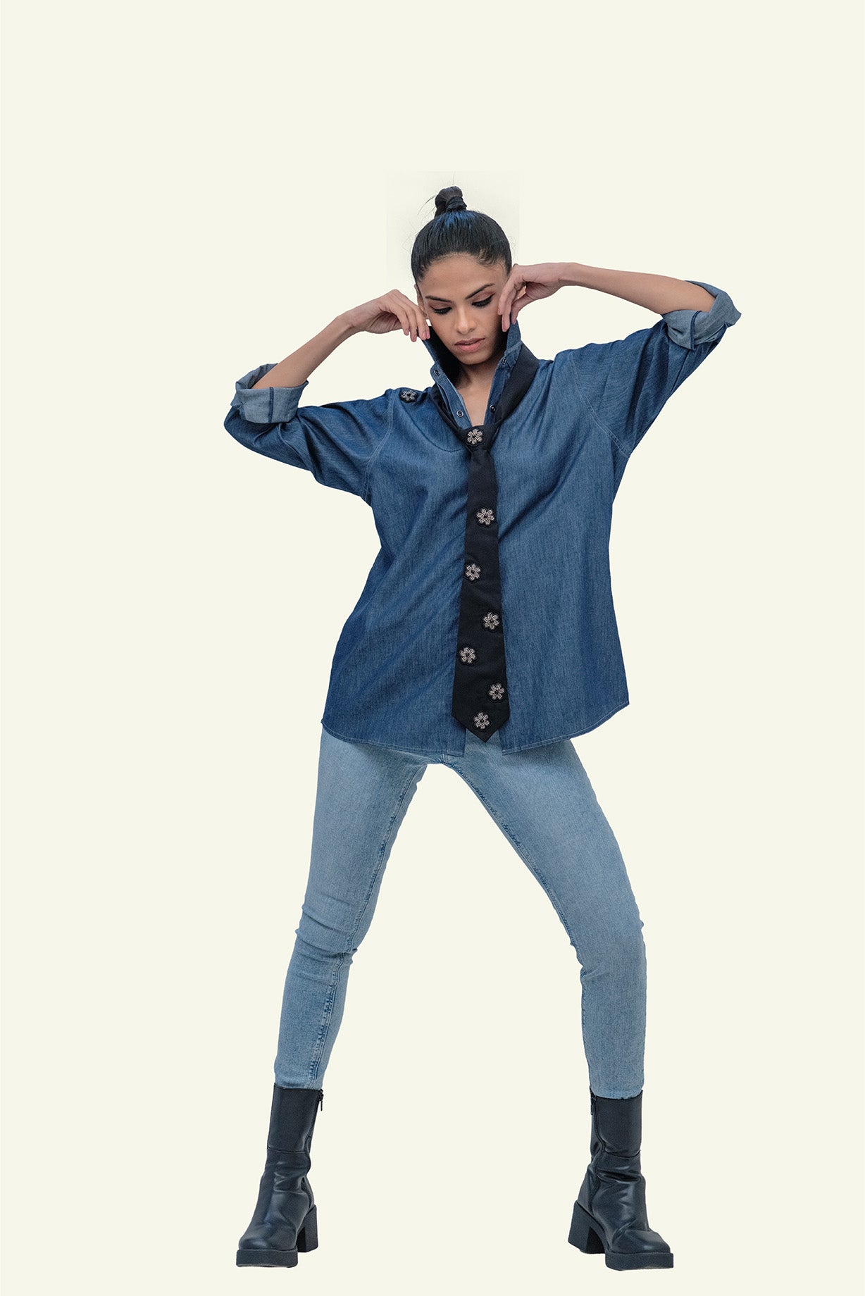 Denim Cotton Shirt with Black Cotton Tie