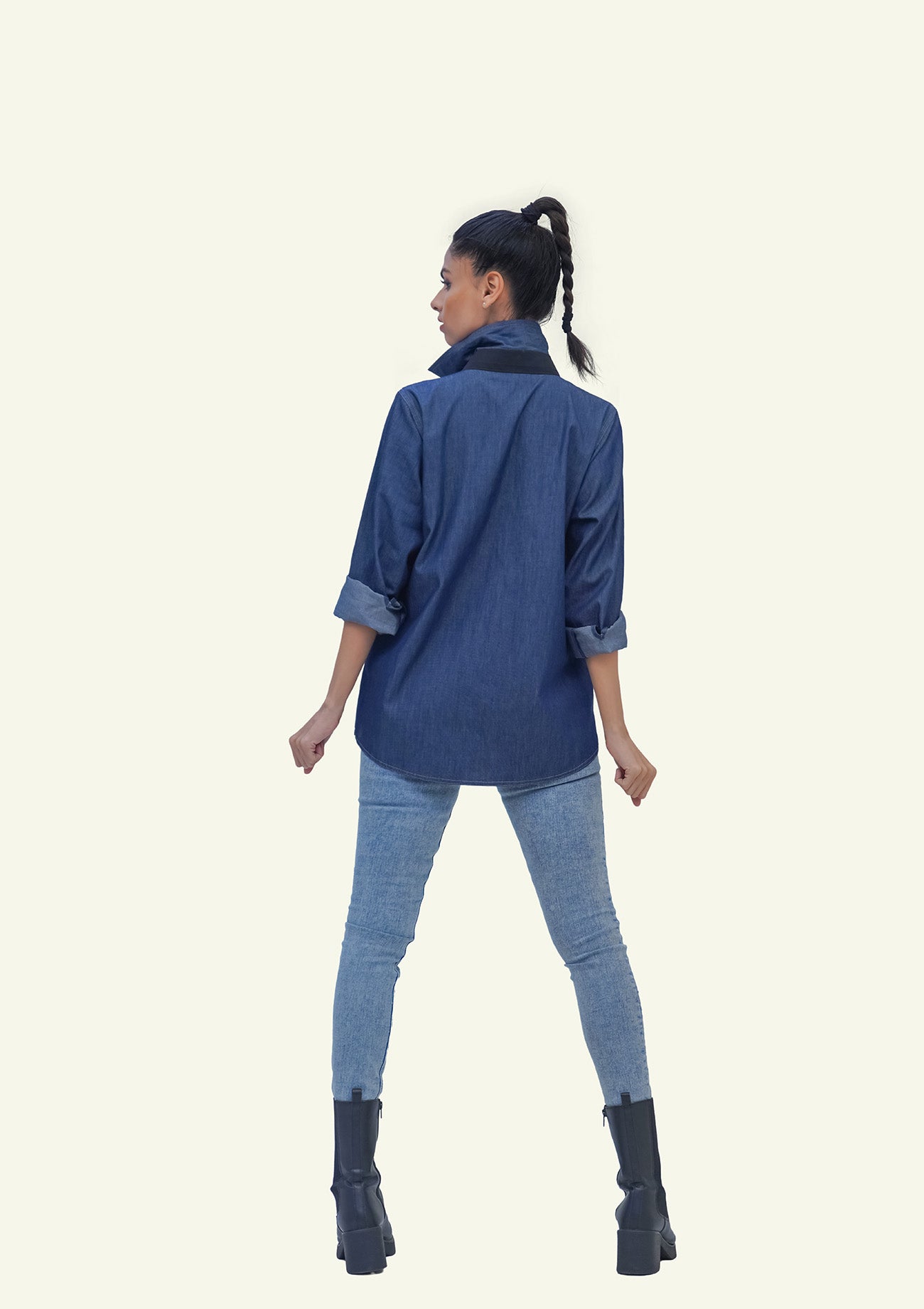 Denim Cotton Shirt with Black Cotton Tie