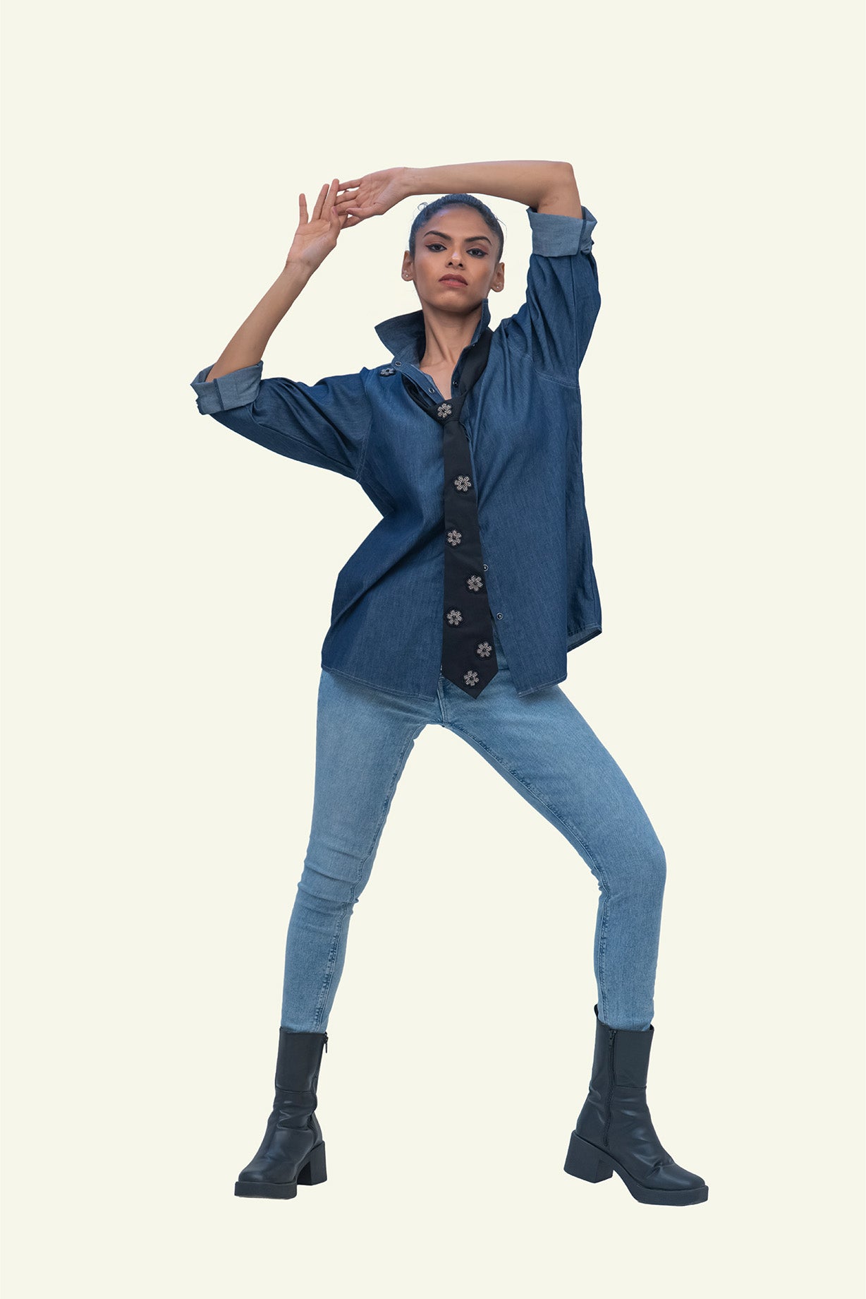 Denim Cotton Shirt with Black Cotton Tie