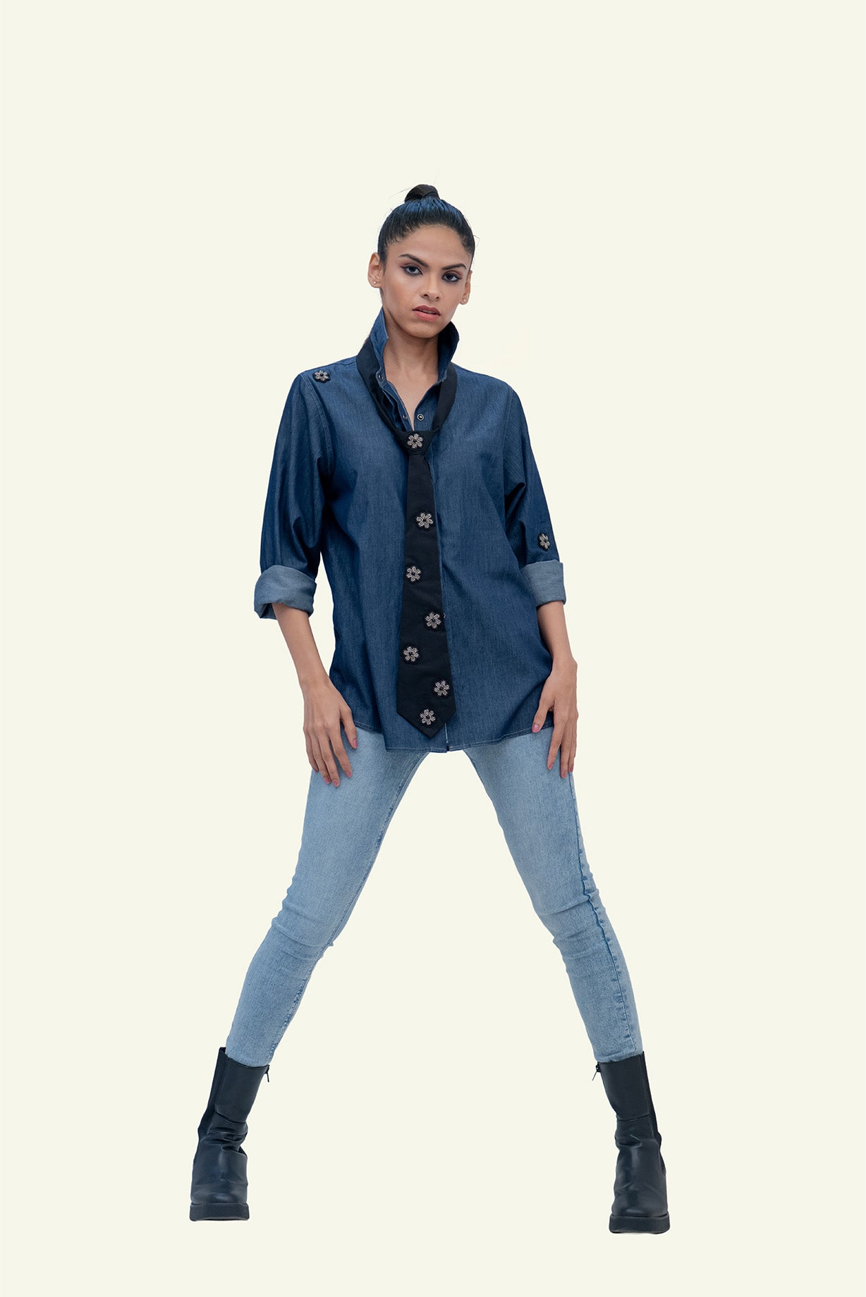 Denim Cotton Shirt with Black Cotton Tie