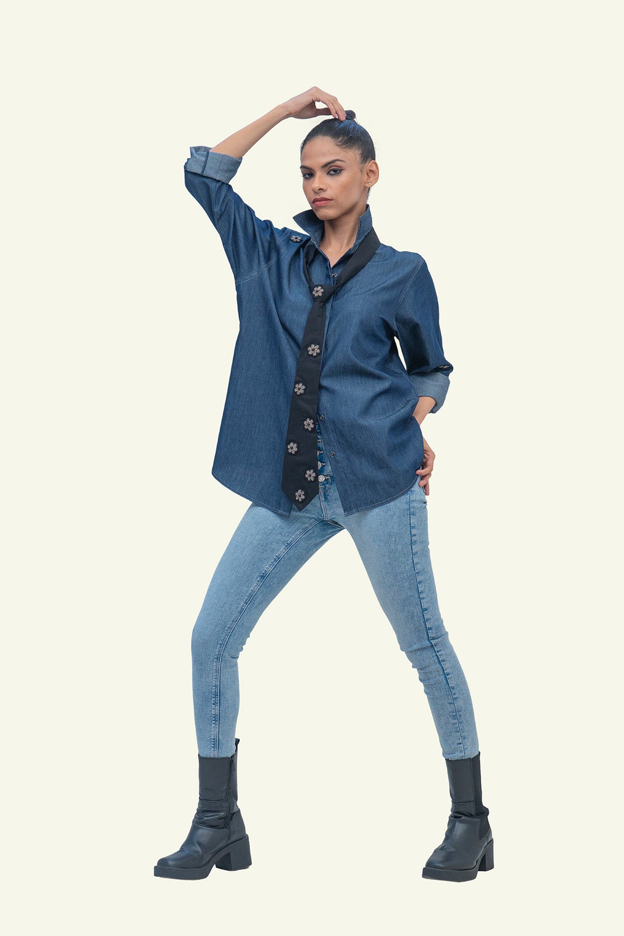 Denim Cotton Shirt with Black Cotton Tie