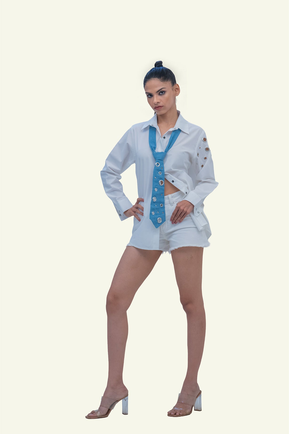 White Cotton Shirt with Ice-Washed Denim Tie