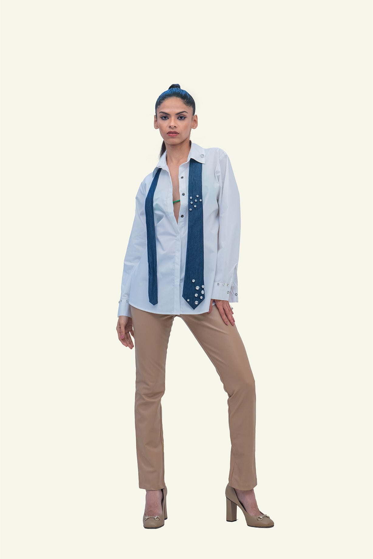 White Cotton Shirt with Denim Cotton Tie