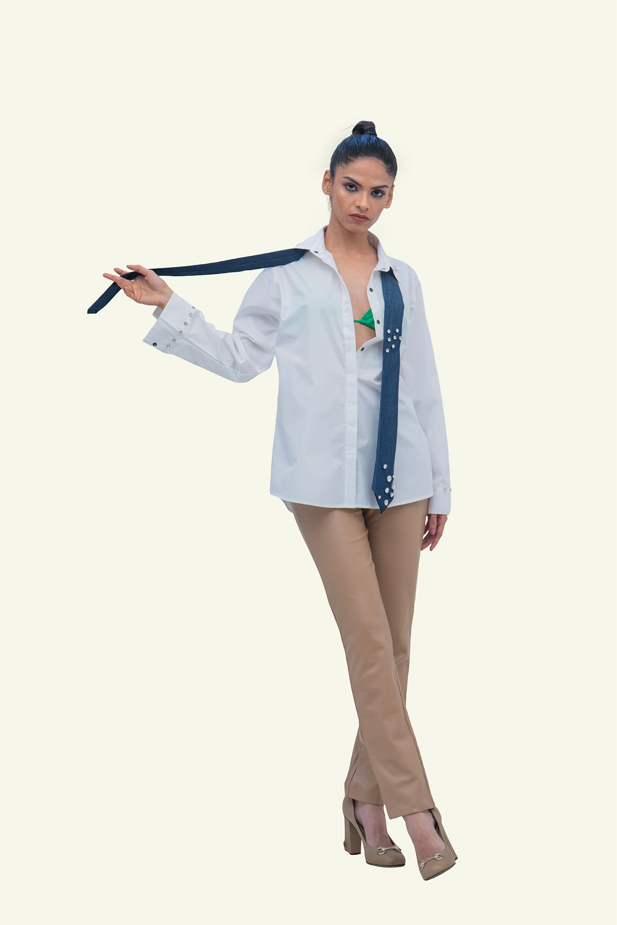 White Cotton Shirt with Denim Cotton Tie