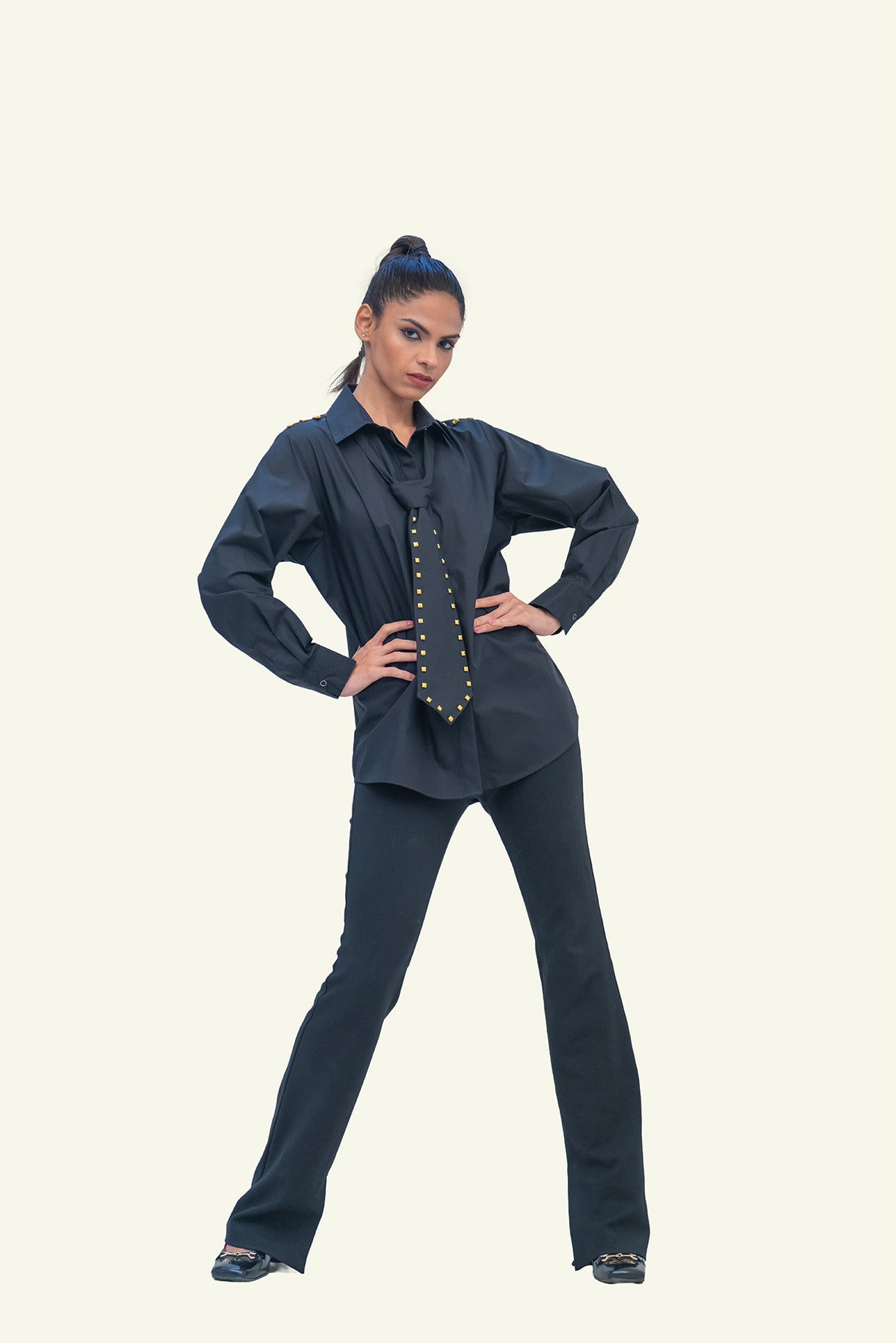 Black Cotton Shirt with Black Cotton Tie