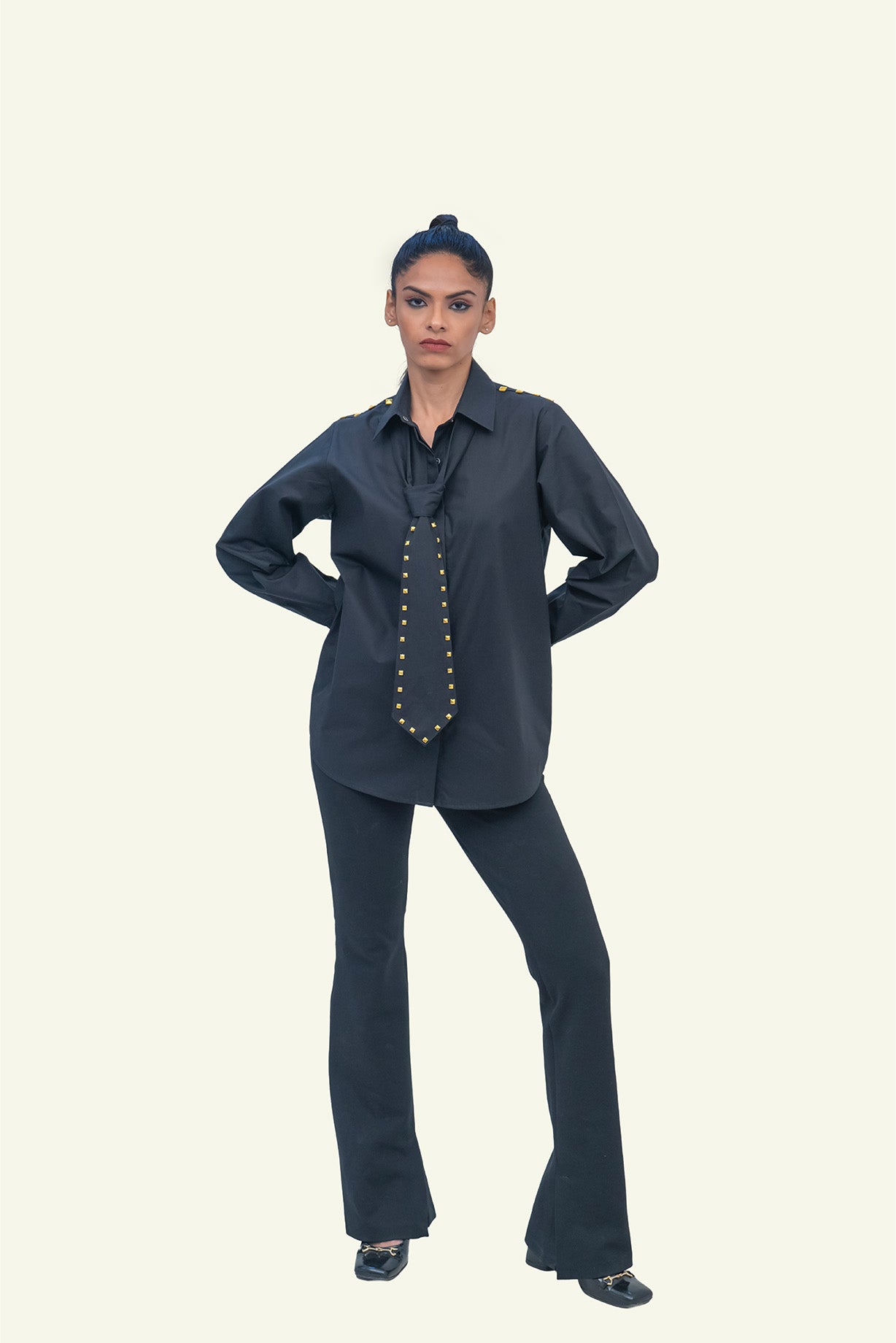 Black Cotton Shirt with Black Cotton Tie